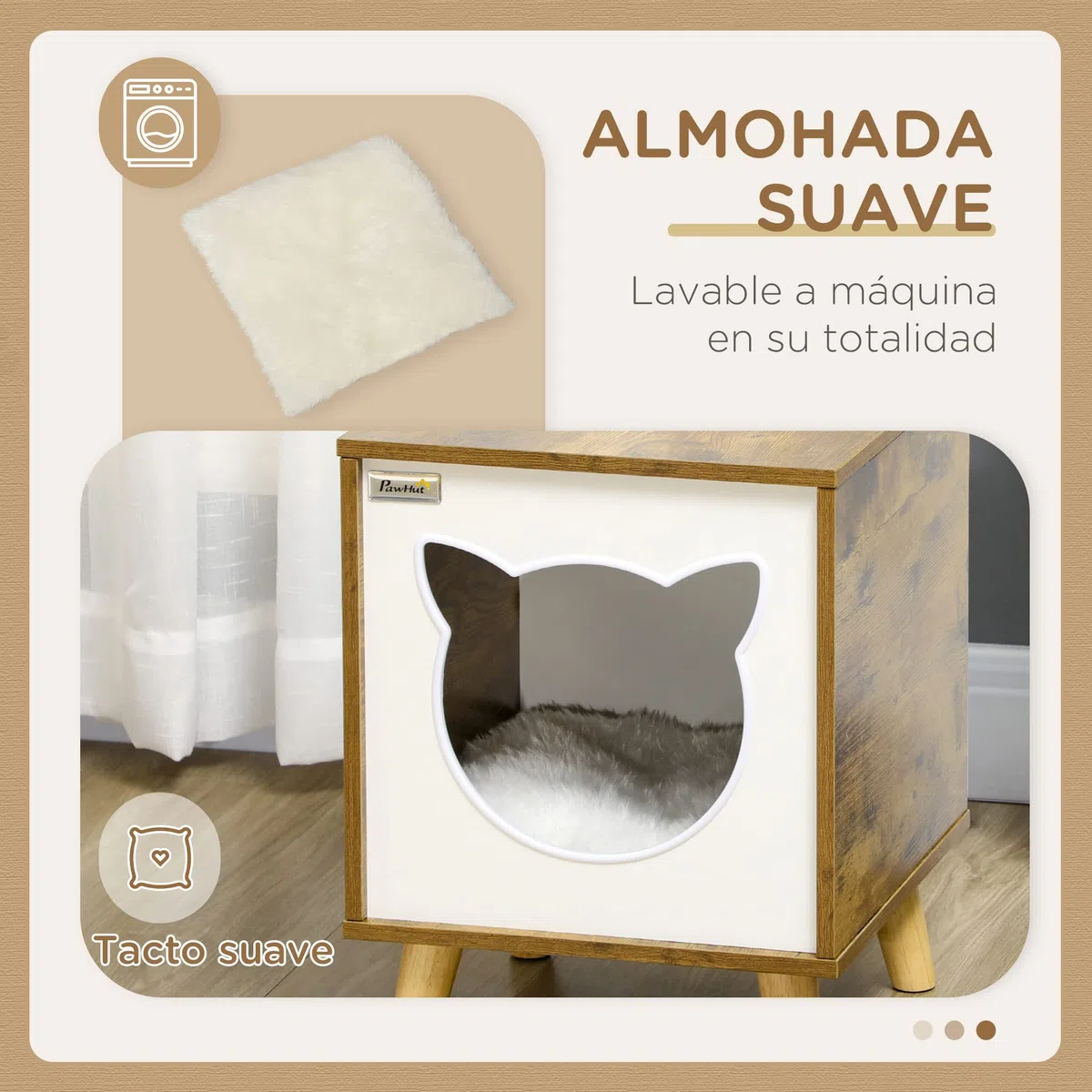 Pawhut - Casa interior para gatos de madera, con cojín lavable y patas elevadas, 34 x 34 x 44,5 cm, color marrón