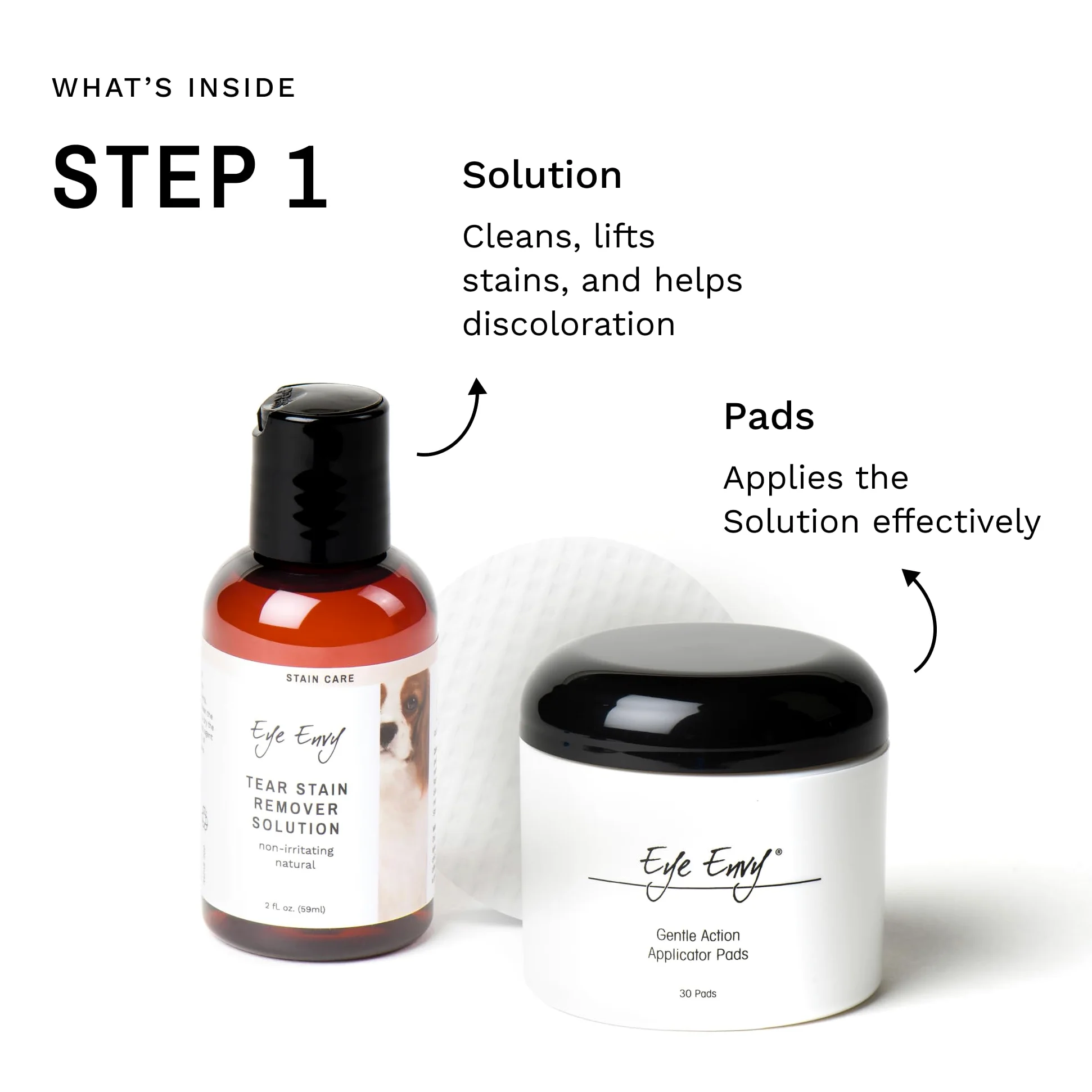 Eye Envy Kit quitamanchas de lágrimas de perrode inicio con cepillo ProPowder | solución antimanchas, almohadillas aplicadoras, polvo antimanchas y cepillo aplicador pequeño | Dura 30-45 días