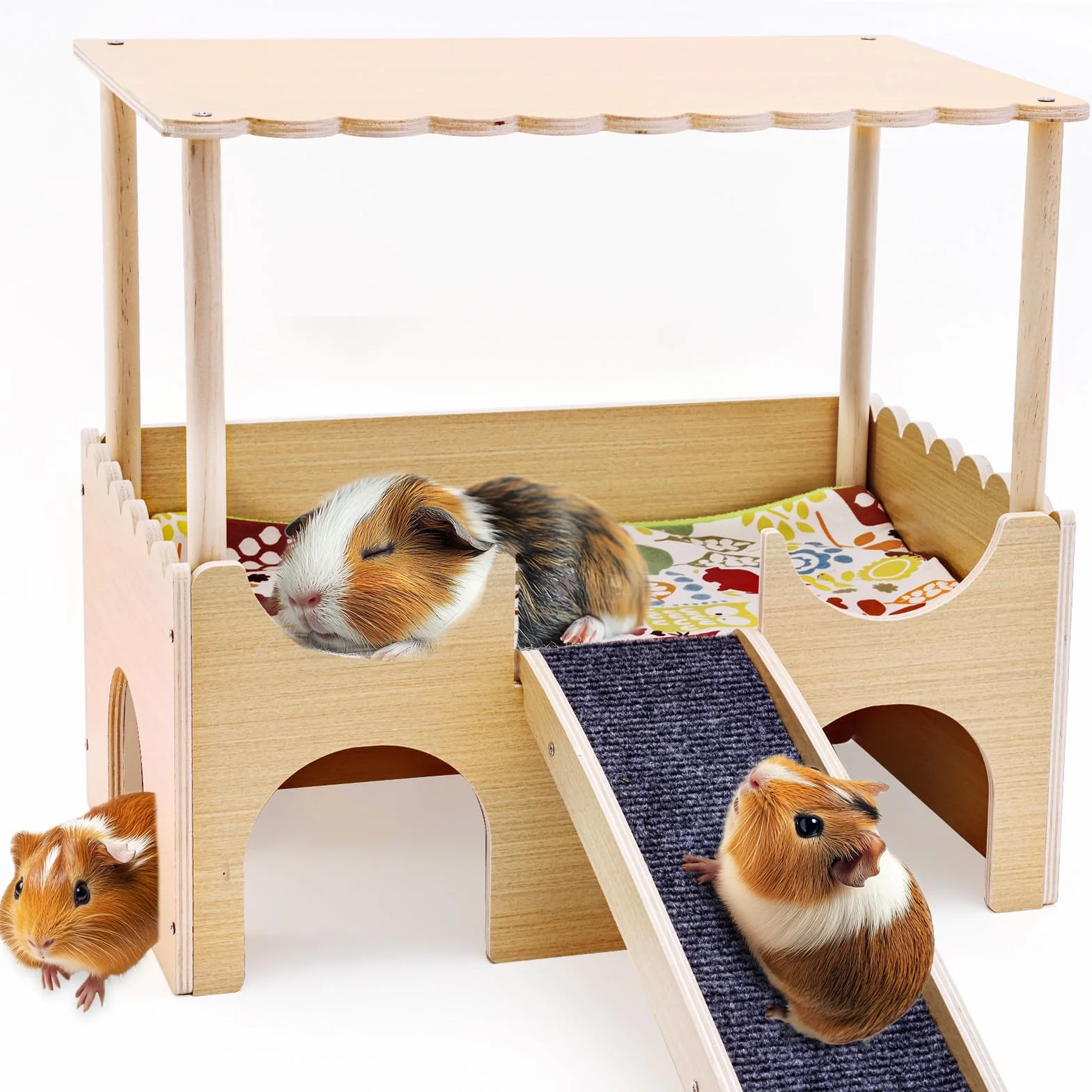 Casa para Cobaya con Rampa, Juguete para Cobayas Accesorios, Hábitats de Animales Pequeños, Madera Casita para Conejo para Jerbos Degus Ratones Espinosos, 38 x 35,5