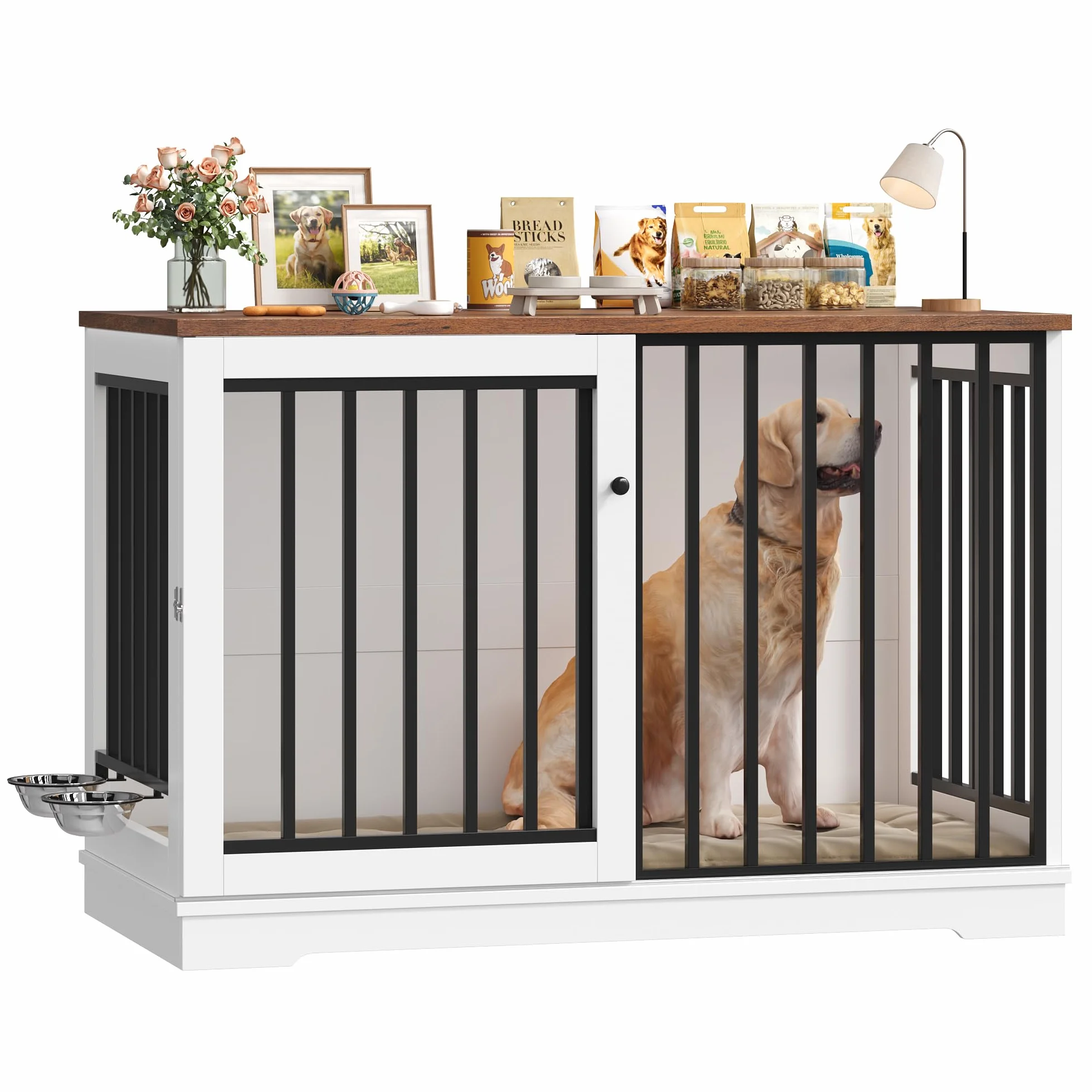 FirFurd 120cm Jaula para Perros,Mesa Auxiliar con Puerta corredera, Jaula Perro Grande para Casa de Madera,para Animales Acero para Perros Medianos y Grandes 120 x 90 x 60 cm (Blanco+Marrón)