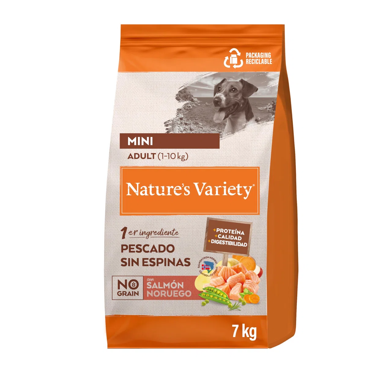 Nature's Variety No Grain Pienso para Perros Adultos con Mini con Salmón Noruego - 7kg, El embalaje puede variar (cambio de diseño)