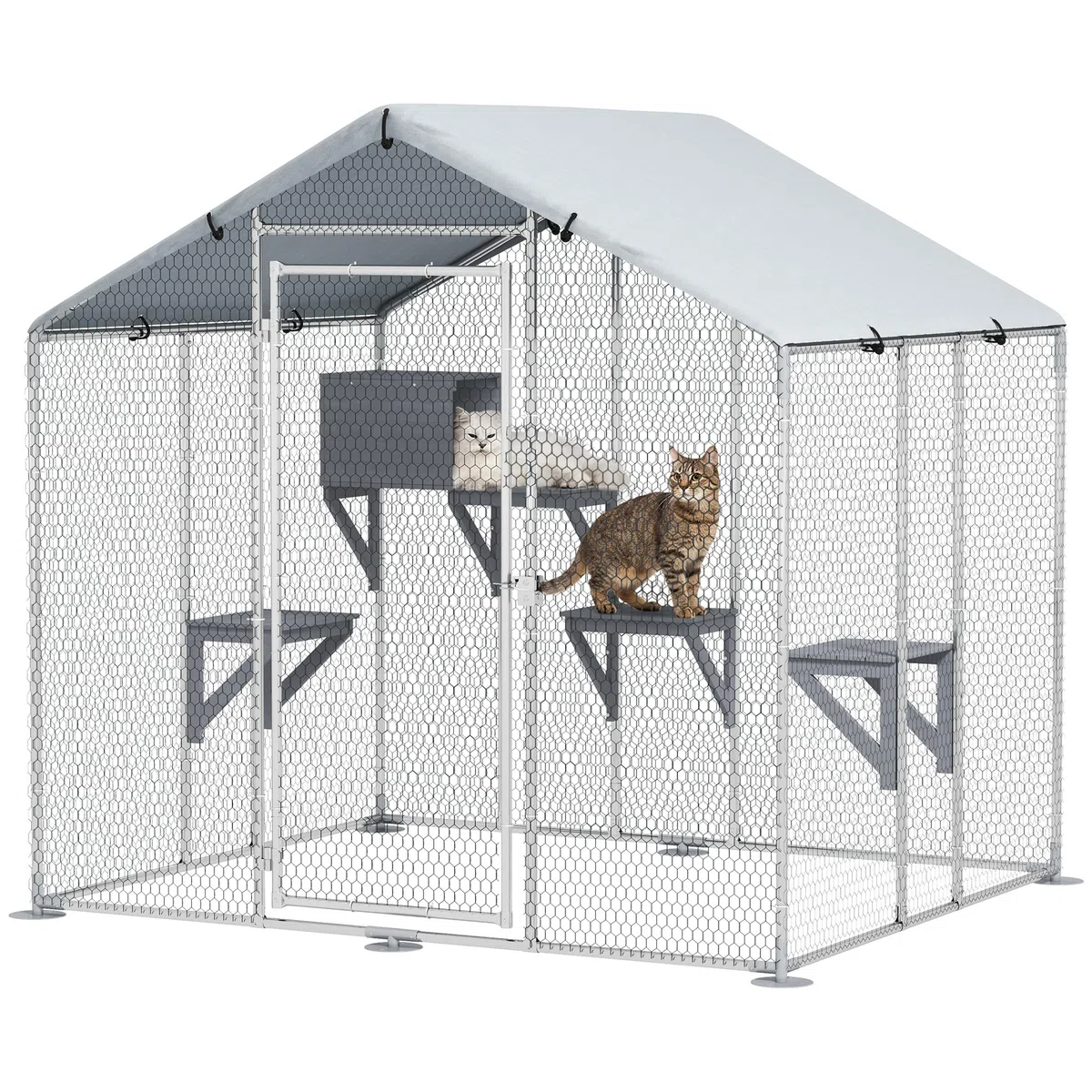 PawHut Jaula Grande para Gatos Exterior, Recinto para Gatos con 1 Casita, 3 Plataformas para Saltar, Cubierta Impermeable y Anti-UV, Parque para 5 Gatitos, Conejos, 200x170x195 cm, Plata