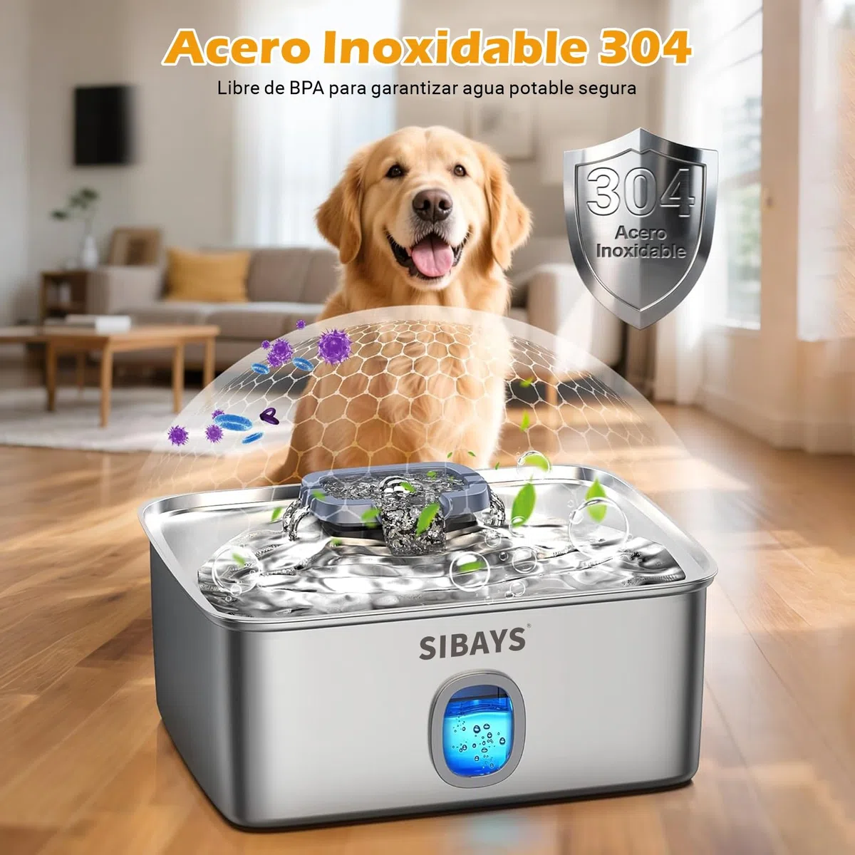 Sibays 15L Bebedero Perro Grande, Fuente para Gatos Acero Inoxidable con Ventana Visible & LED Inteligente, Bebedero Automático y Súper Silencioso para Varias Mascotas, Fácil de Limpiar, FS76