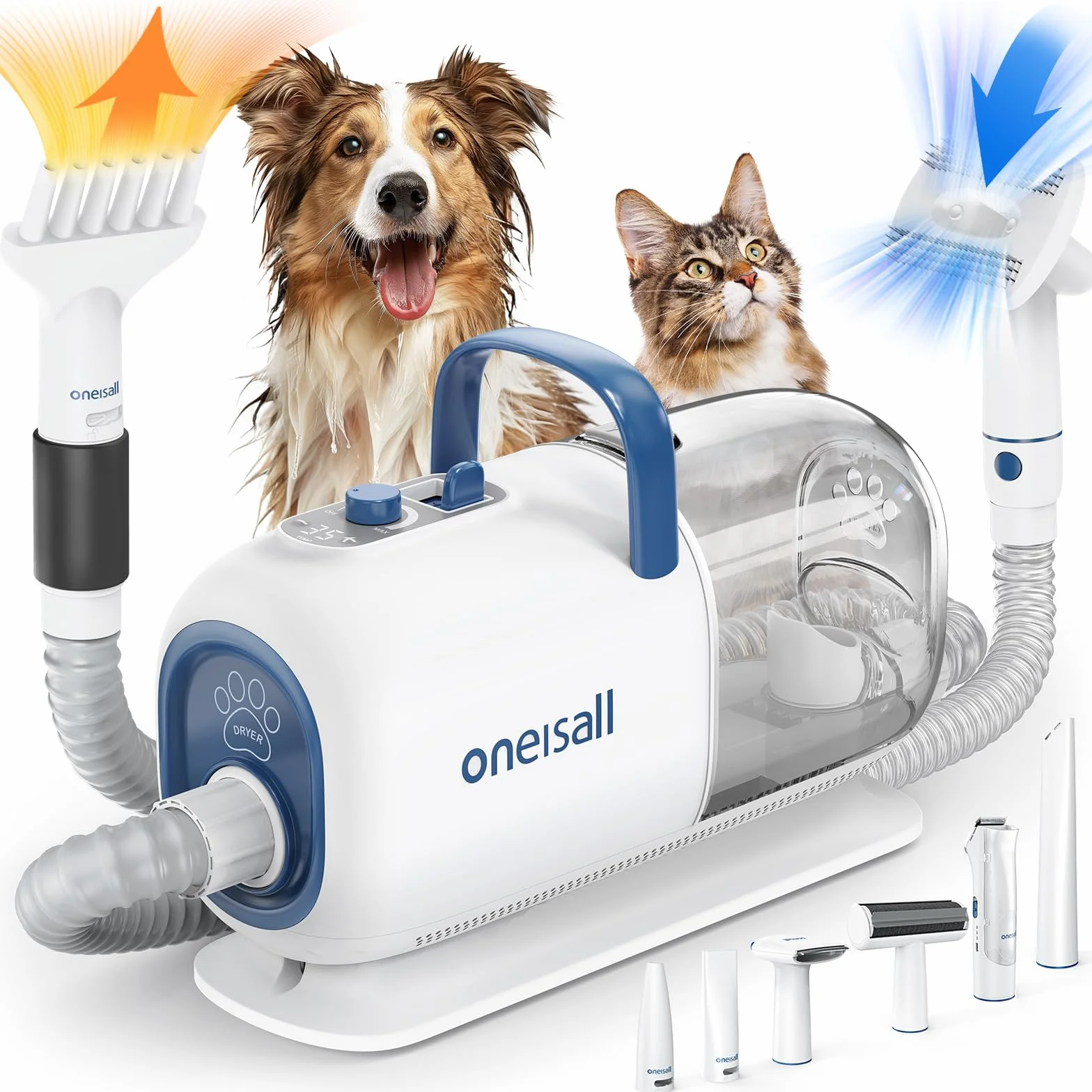 oneisall Secador y cortapelos al vacío para peluquería canina, 15000 Pa, kit de aseo para perros para recortar y secar, 7 niveles de temperatura de soplado, flujo de aire ajustable, 2,5 L