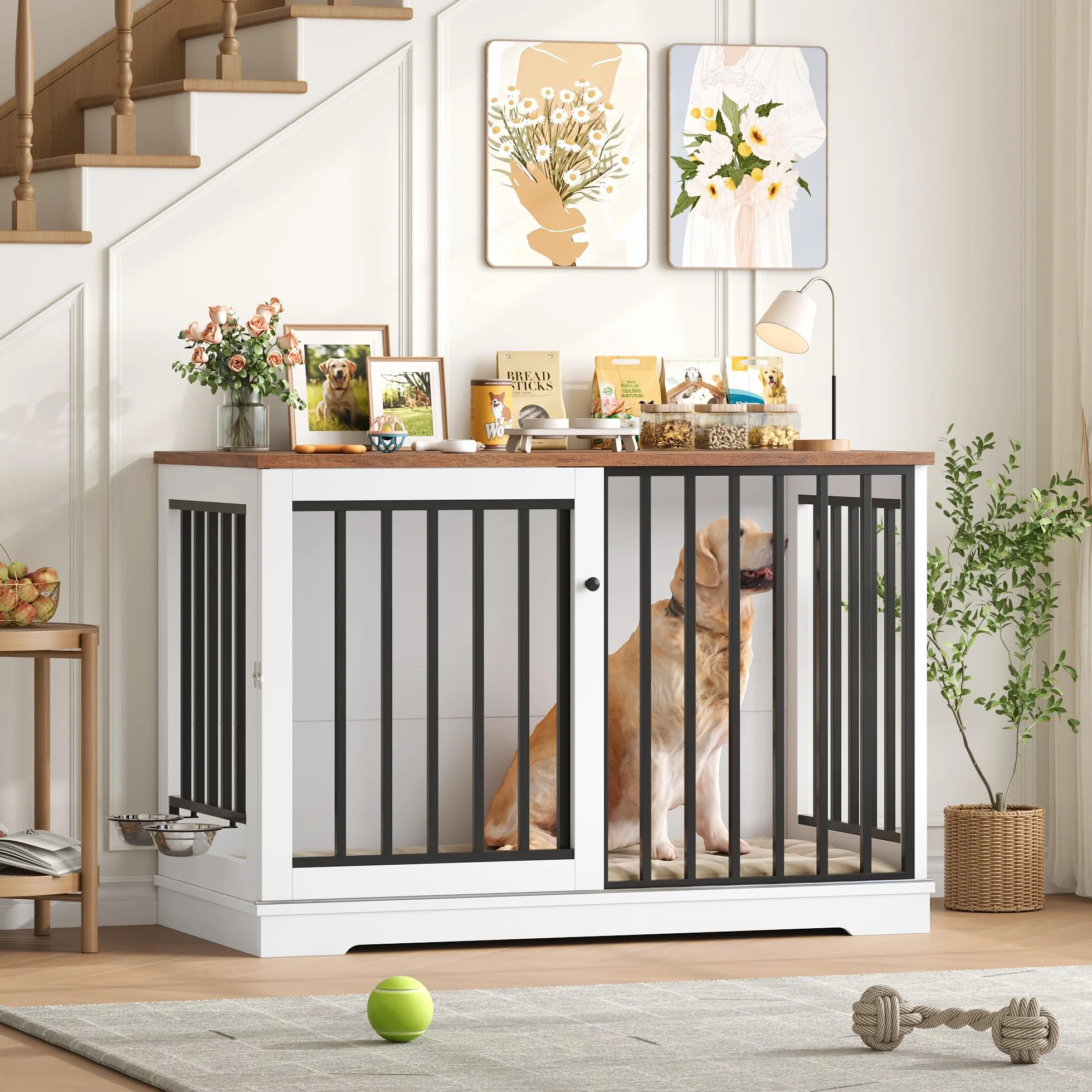 FirFurd 120cm Jaula para Perros,Mesa Auxiliar con Puerta corredera, Jaula Perro Grande para Casa de Madera,para Animales Acero para Perros Medianos y Grandes 120 x 90 x 60 cm (Blanco+Marrón)