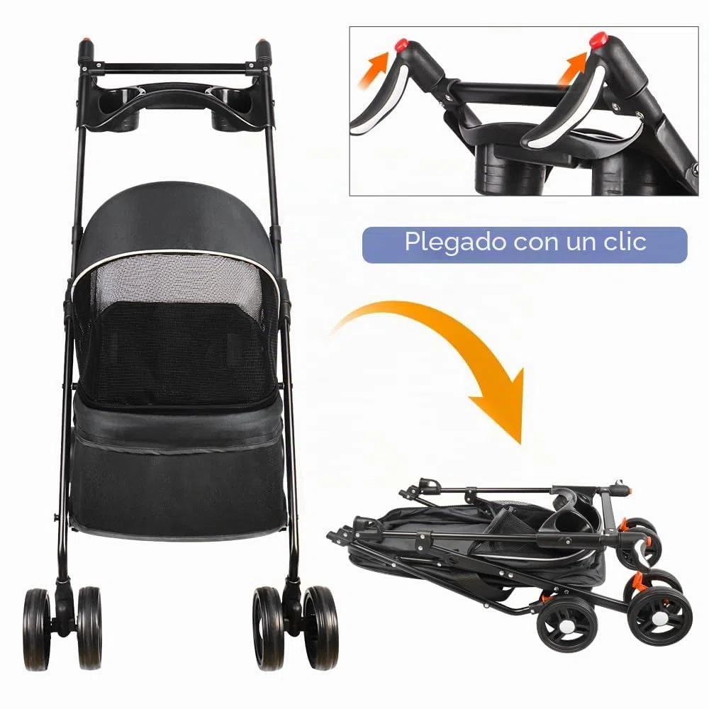 Cochecito de viaje para perros, 25 kg, con bolsa de almacenamiento y cubierta para la lluvia, cochecito Buggy para perros con portavasos, 50 x 70 x 95 cm, color negro
