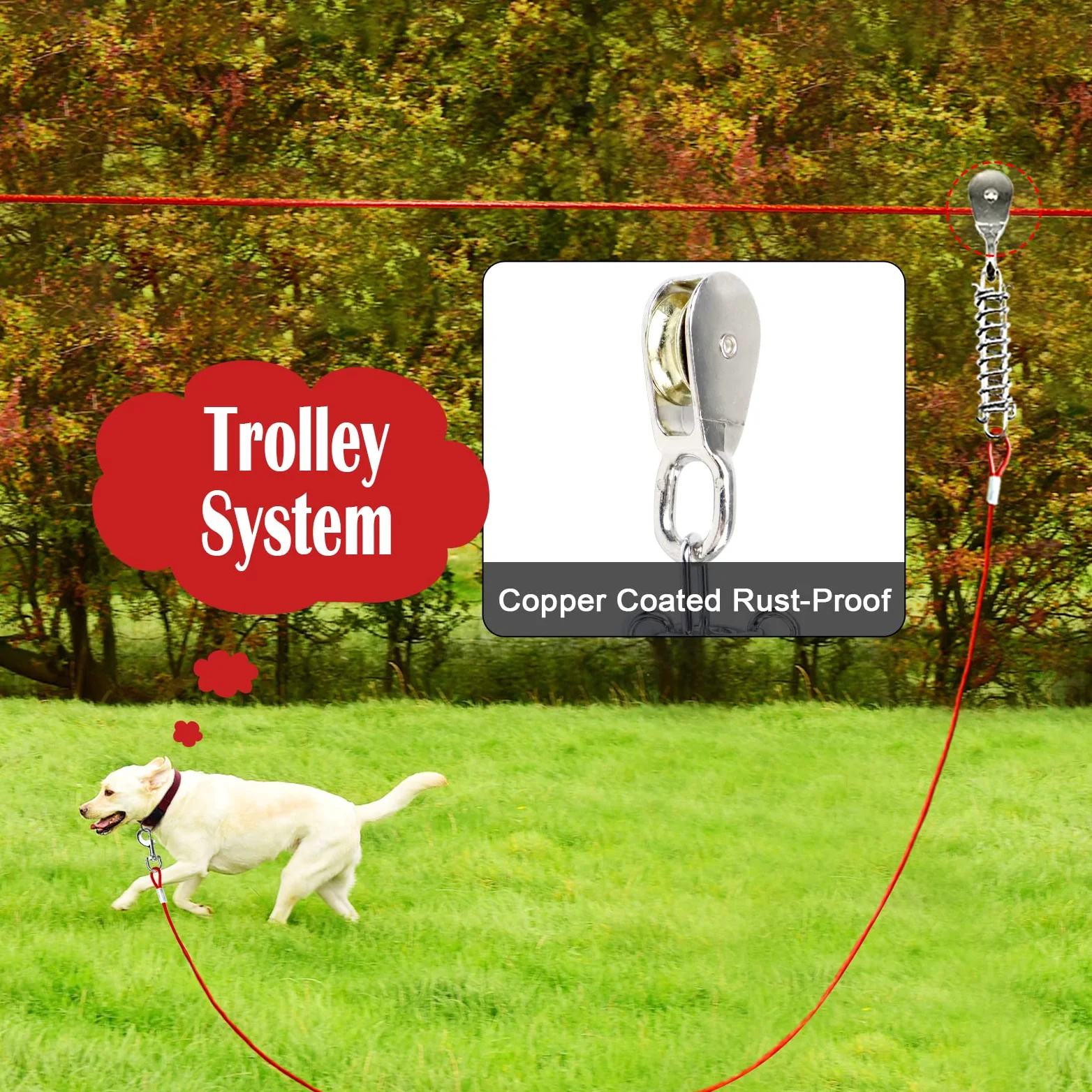 Corredores para Perros para Exteriores, 100 pies para Patio con Cable de Amarre para Perros de 15 pies, Correa Resistente para Perros Grandes, Sistema de Carrito con Cremallera para Perros,