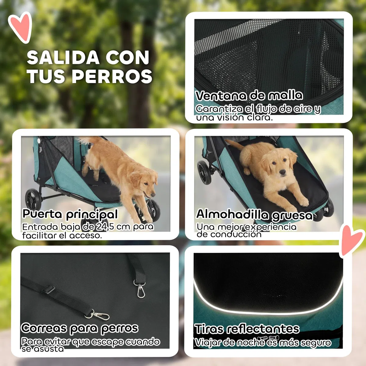 PawHut Carrito para Perros y Gatos Grande Plegable con un Botón hasta 30 kg, Cochecito para Perros Medianos y Grandes, Suspensión 4 Ruedas, Giratorio, Freno de Pie, Cojín Lavable, Turquesa