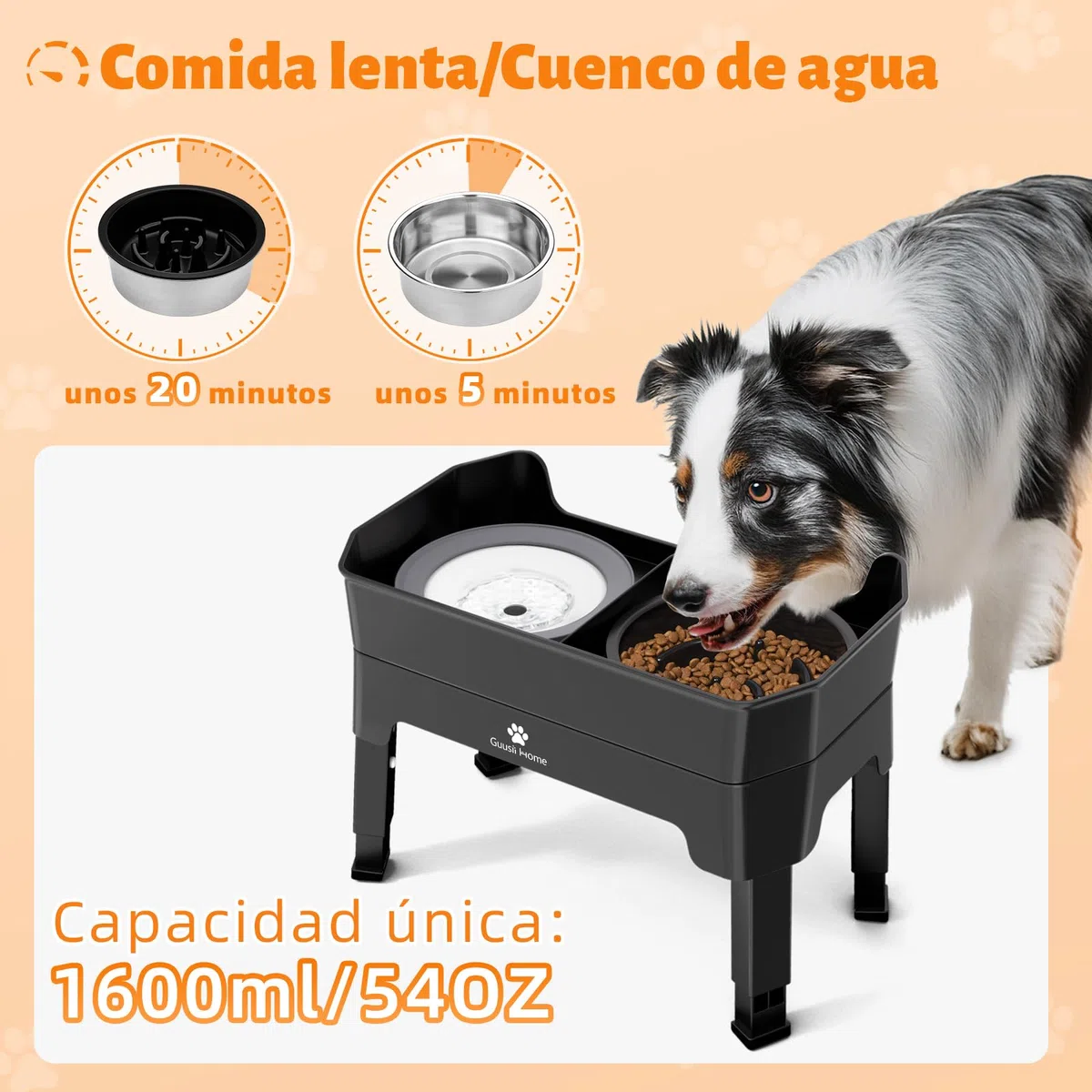 GUUSII HOME Comedero Perro Elevado Grande Bebedero Perro Soporte Cuenco Comederos Alto Para Grandes Elevador Bol Altura Ajustable 43.5*26.7*16/28.7/32.7/36.7cm 1600ml Acero Inoxidable Raised Dog Bowl