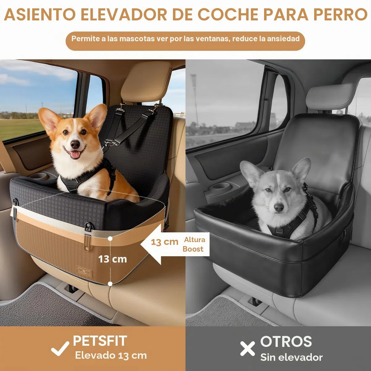 PETSFIT Asiento Elevado para Perros Pequeños/Medianos hasta 15 kg – Sistema de Seguridad Patentado, Cojín Viscoelástico de 13 cm, Desmontable y Lavable con 2 Bolsillos(Negro)