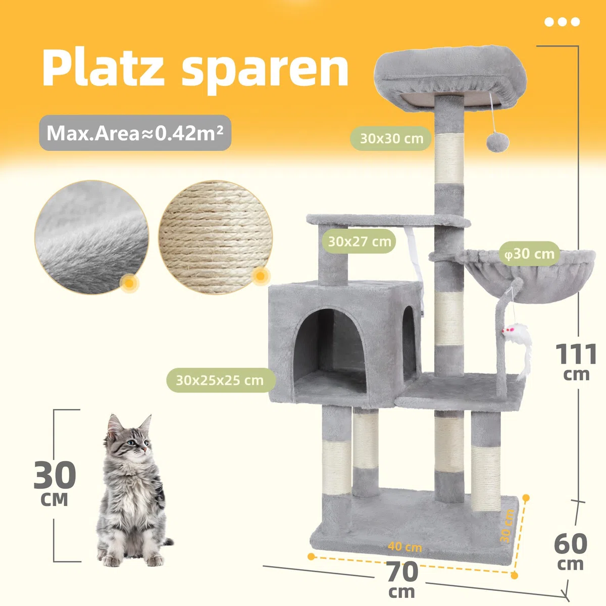 Hey-brother Árbol para Gatos, Árbol Rascador para Gatos, con Cama de Plataforma con cojín, Pelota de Juguete,Cueva cómoda, Hamaca y Poste de Arañar, Gris Claro 0EMPJ004SW-N-
