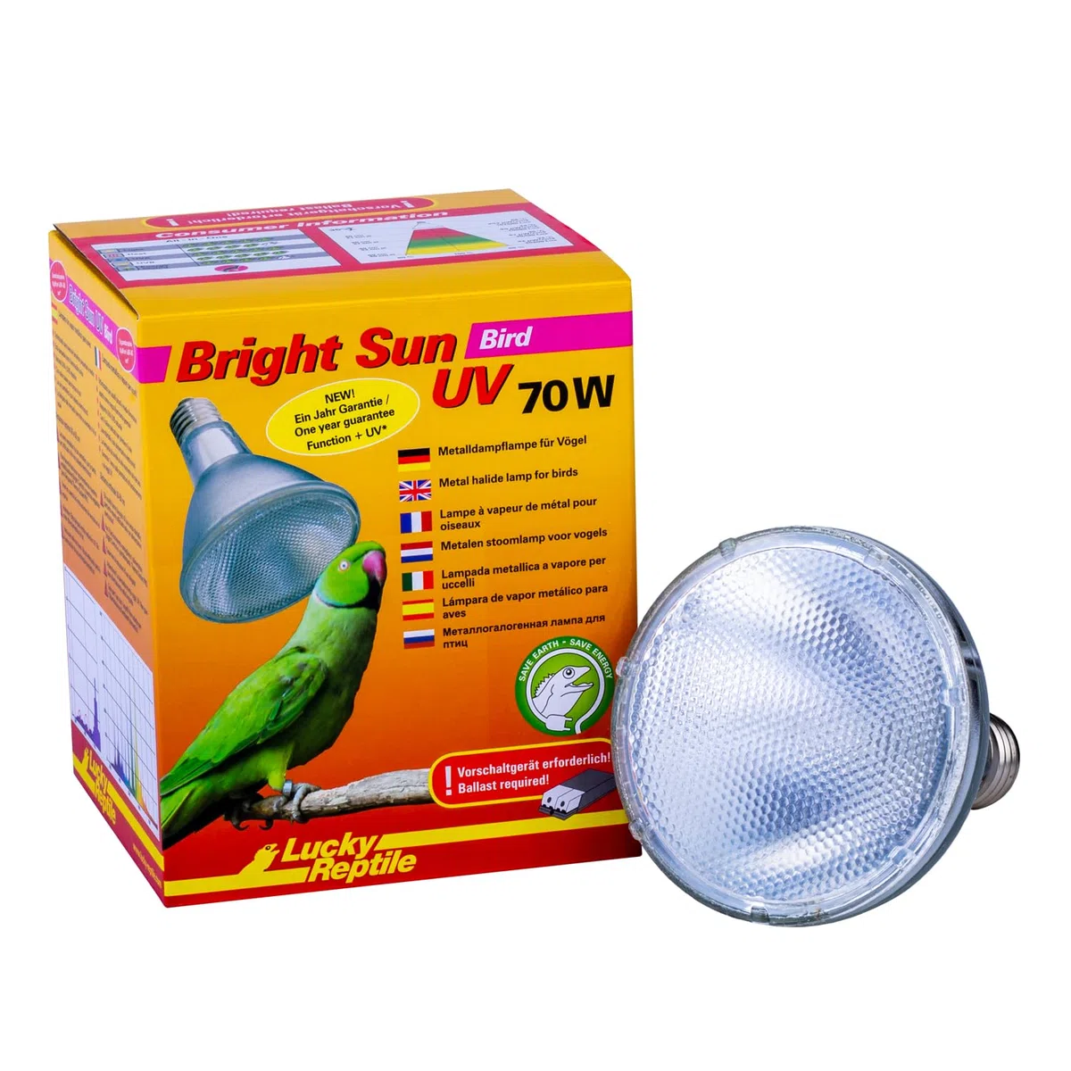 Lucky Reptile Bright Sun UV Bird - 70W Sistema lámpara de halogenuros metálicos para Bases E27 - Lámpara Espectro de luz de día para pájaros - Radiador UVA y UVB - Luz sin centelleo para pájaros