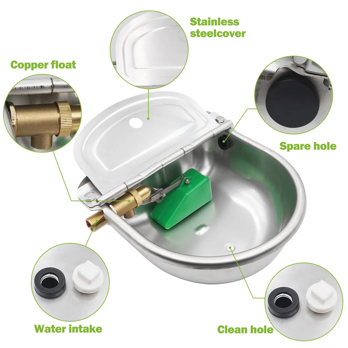 Bebedero para Caballos Automático de Acero Inoxidable, válvula de latón de 1/2 ",Cuenco para Beber con válvula de Flotador Ajustable para Caballo,Vaca, Cabra,Oveja Bebedero