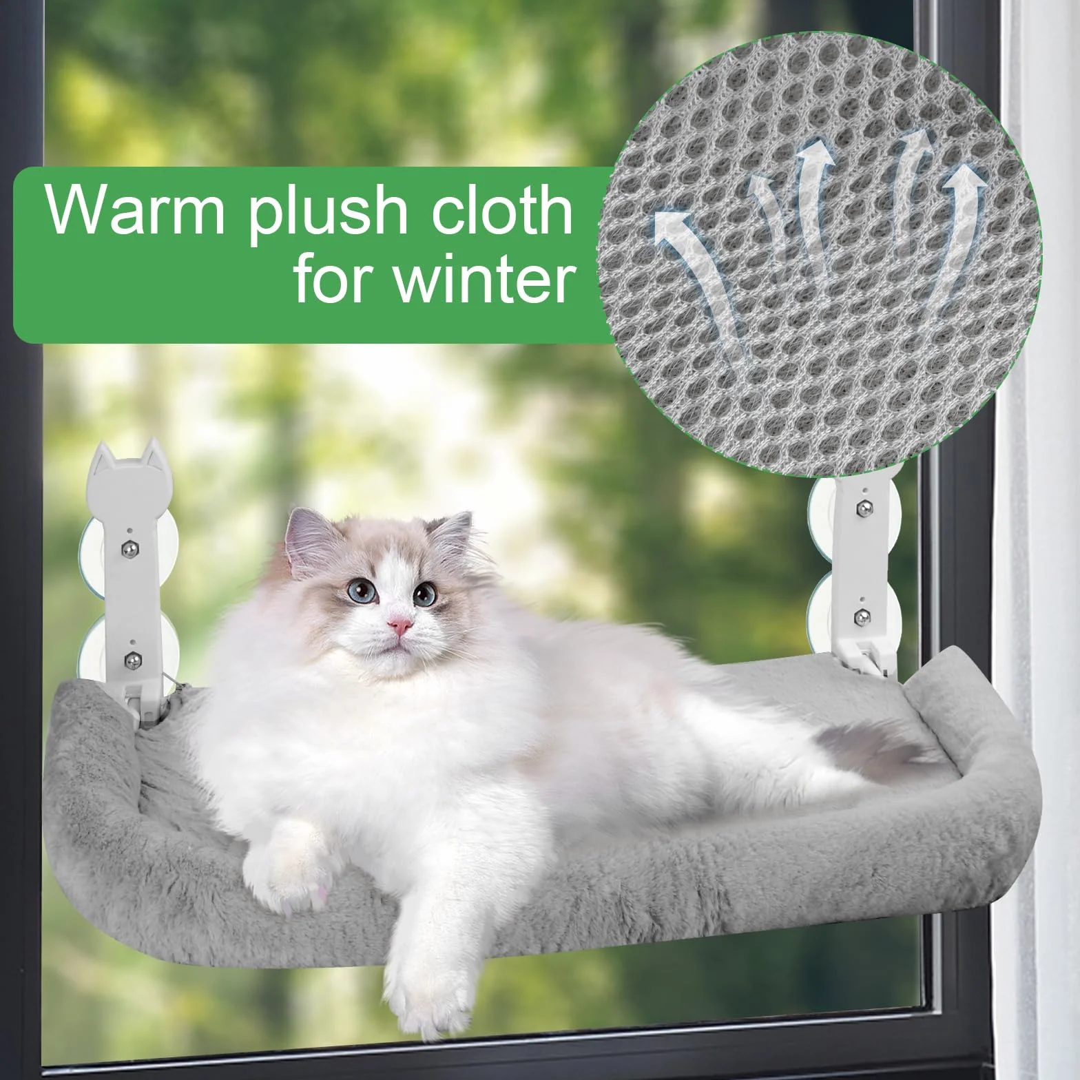 Hamaca para gatos, 60 x 30 cm, plegable con ventosas, cojín de felpa lavable, soporta hasta 25 kg, color gris
