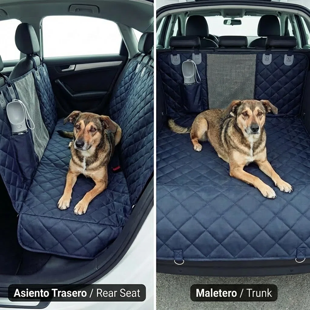 IWOTTO Funda Coche Perro | Protector Asiento Trasero y Maletero | Impermeable, Antideslizante y Ajustable | Pack Bebedero + Cinturón Seguridad | Fácil de Limpiar