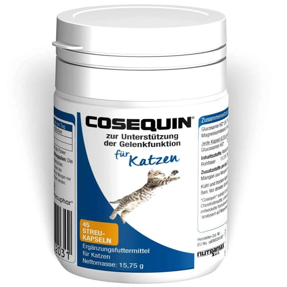 Ecuphar Cosequin Gato | Paquete Doble | 2 x 45 cápsulas | Suplemento alimenticio para Gatos | para el Apoyo de Las articulaciones, cartílagos y tendones | Contiene glucosamina y condroitina