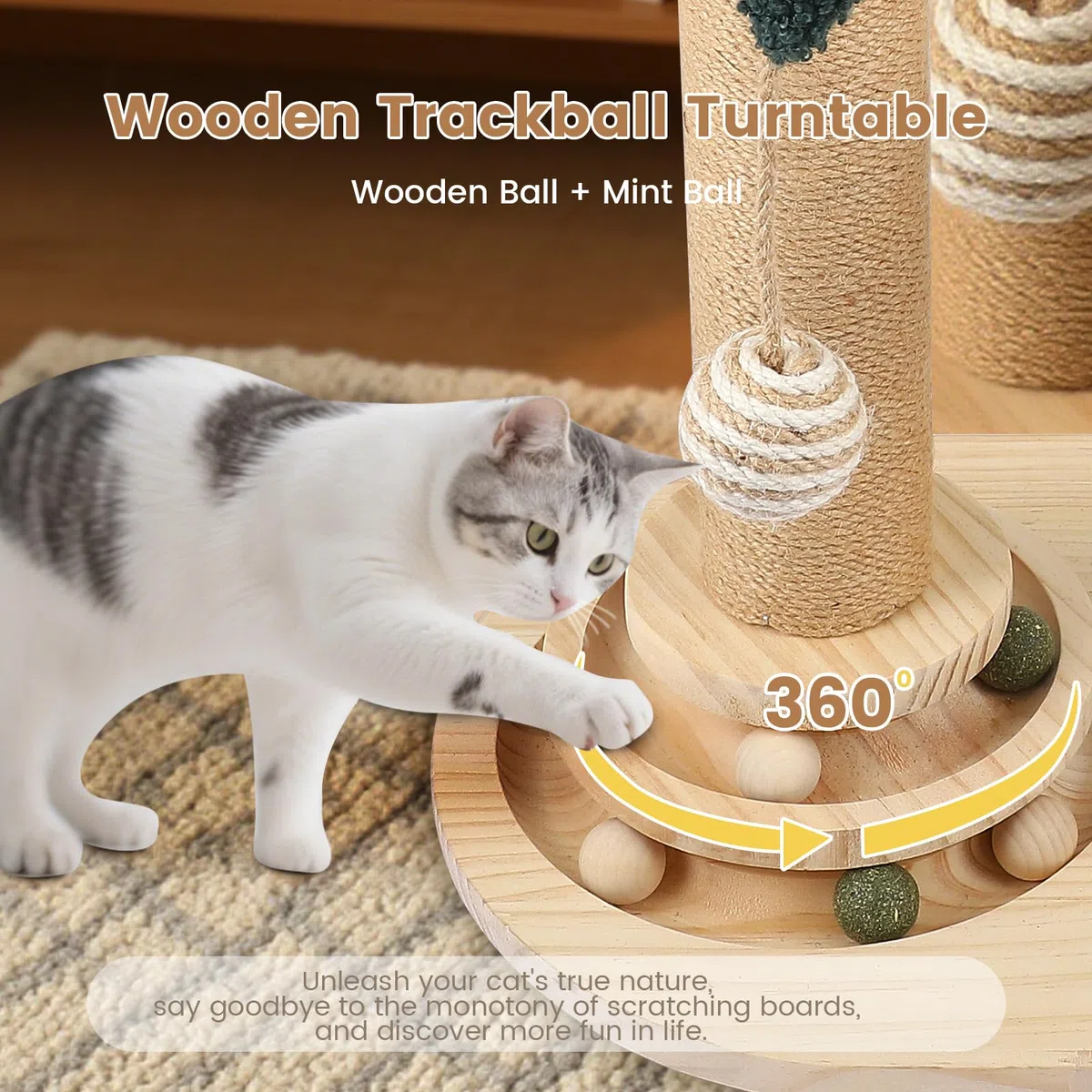 Juego de Juguetes interactivos 6 en 1 para Gatos con Pelota giratoria, Plumas, sisal y Yute Poste rascador, Tabla rascadora y Juguete, Mueble rascador, Juguete de Madera para Gatos con Plumas