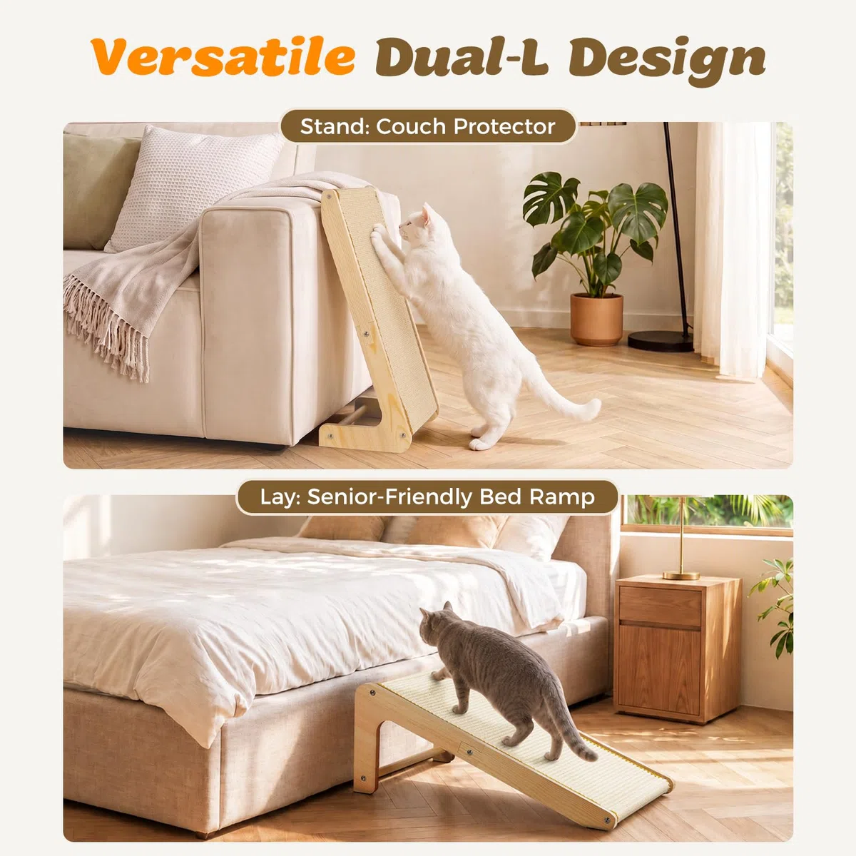 Gimars Doble Uso Rascador para Gatos de sisal en Forma de L, 62cm Protector de Sofás y Esquinas, Rampa de Afilar Uñas de Madera con Robusta Alfombra Rascadora, Mueble Estable para Gatos Grandes