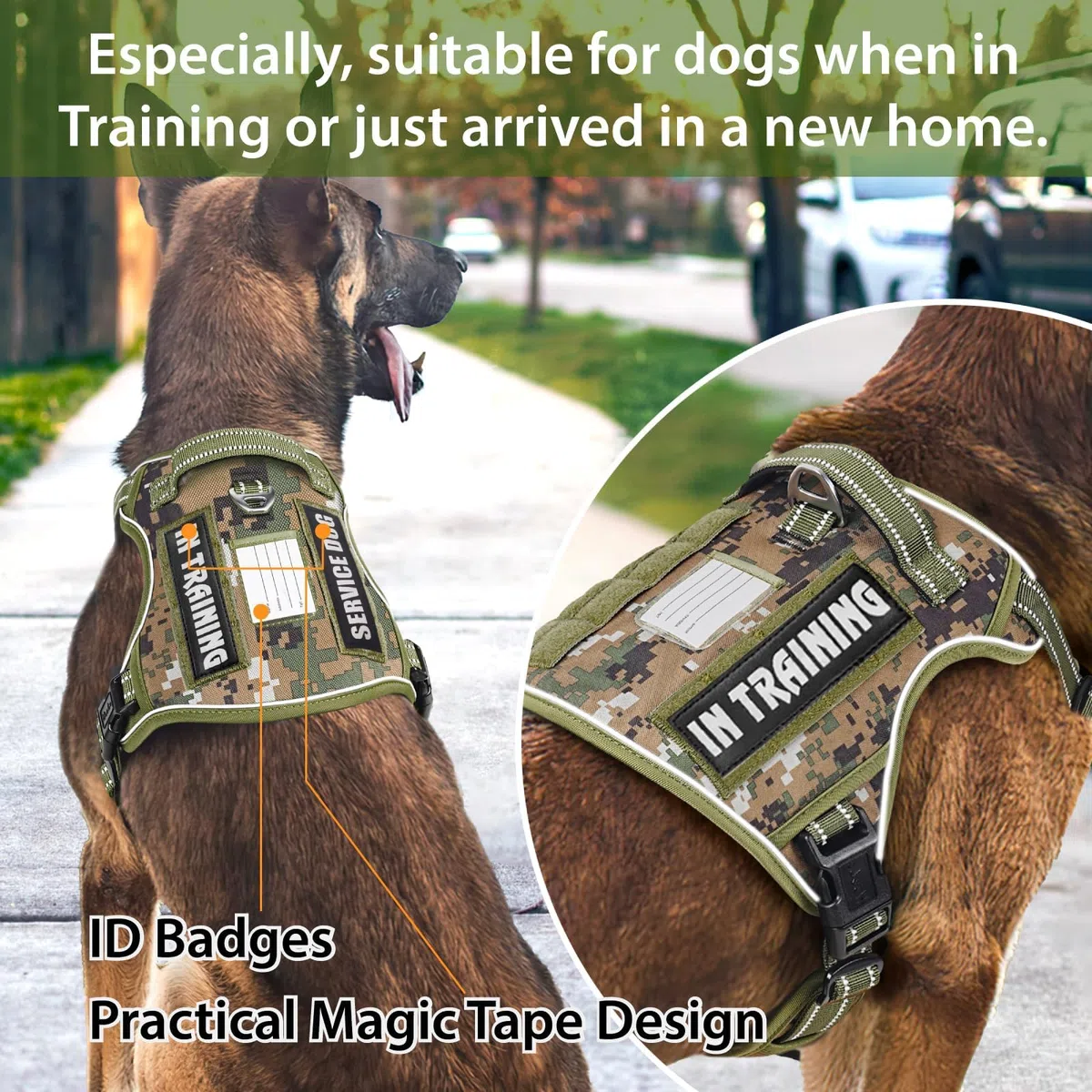 HEELE Arnés táctico para Perro, con Panel Molle, arnés para Perros pequeños, sin tirones, arnés Reflectante Acolchado Ajustable con asa para Entrenamiento y Caminar, Camo Verde, XL