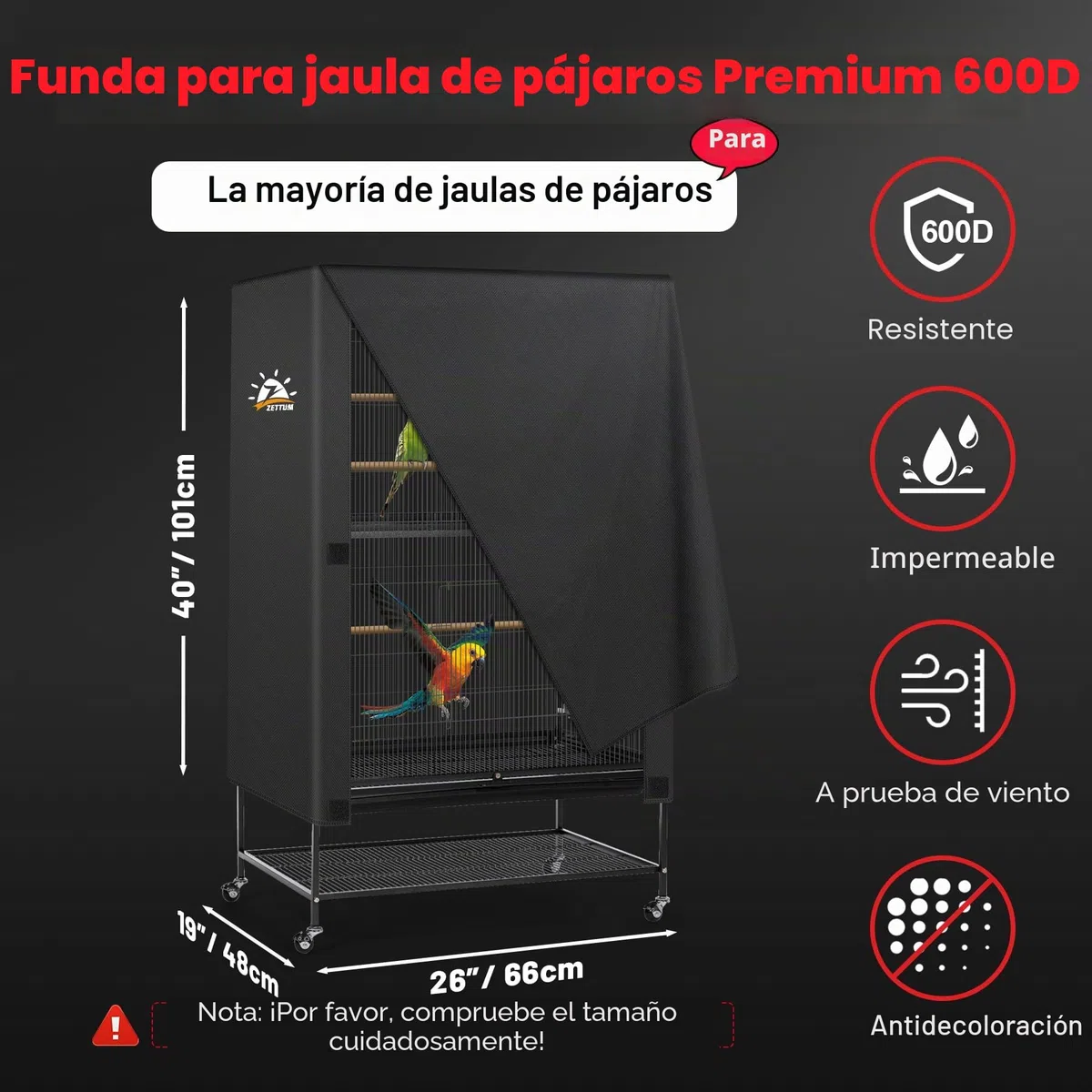 Zettum Funda para Jaula de Pájaros – Funda de Tela 600D para la Noche, Resistente e Impermeable, Accesorio Antidecoloración para Periquitos, Loros, Cacatúas y Otros Pinzones – 26 x 19 x 40 Pulgadas