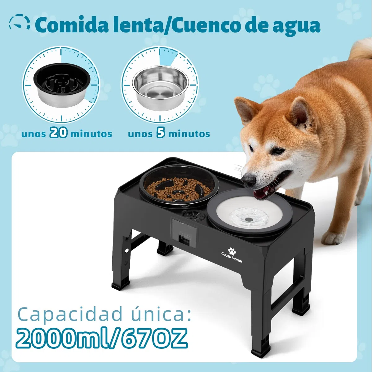 GUUSII HOME Comedero Perro Elevado Grande Cuenco Alto Perro Soporte Comederos y Bebedero para Perros Grandes Elevador Bol Altura Ajustable 43.5 * 24.4 * 12/25.7/29.7/33.7cm 2000ml Elevated Dog Bowl