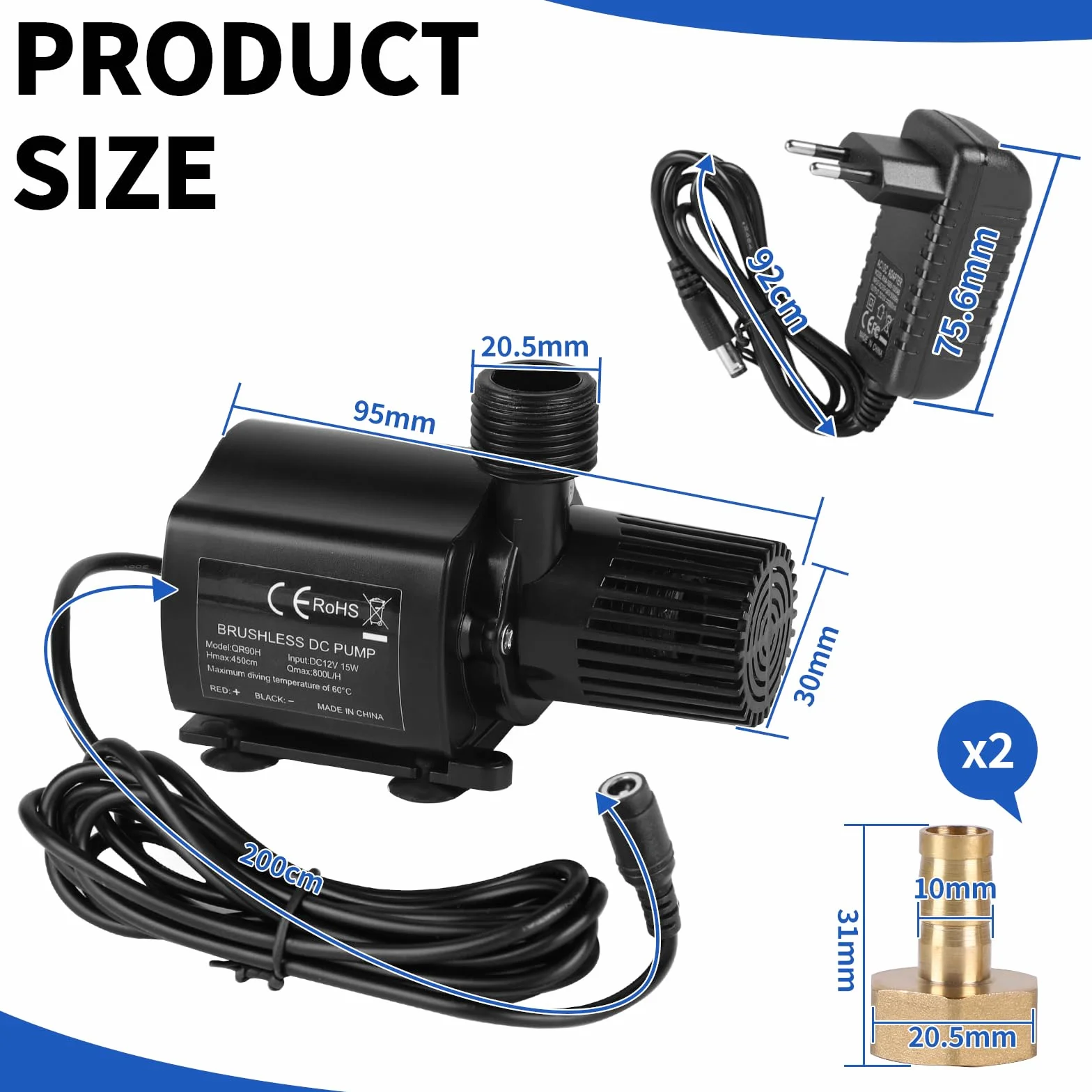SWAWIS Bomba de Agua Sumergible 12V 800L/H 4,5M con Control de Velocidad y Adaptador de Red
