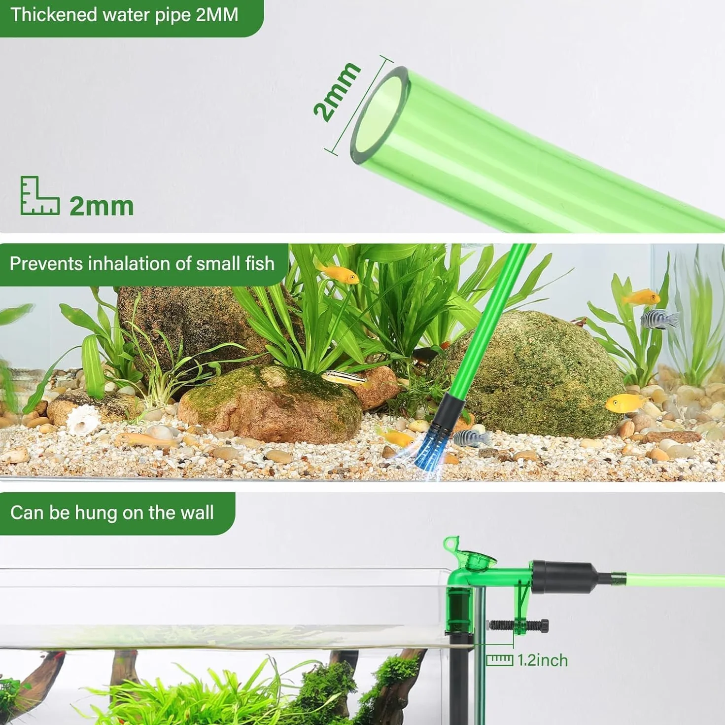 AQQA Limpiador de sifón para acuario, limpiador de fondo, 3 en 1, con tubo de extensión retráctil y fijación al acuario, cambio manual de agua y limpieza de arena