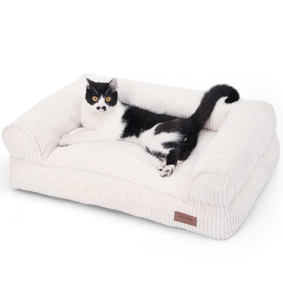 FUKUMARU Cama para Gatos, Sofá Cómodo de Terciopelo para Gatos de Interior con Funda Desmontable y Lavable, Cama para Perros Antideslizante y de Apoyo para Perros Pequeños, 72 x 52 x 22 cm, Cream