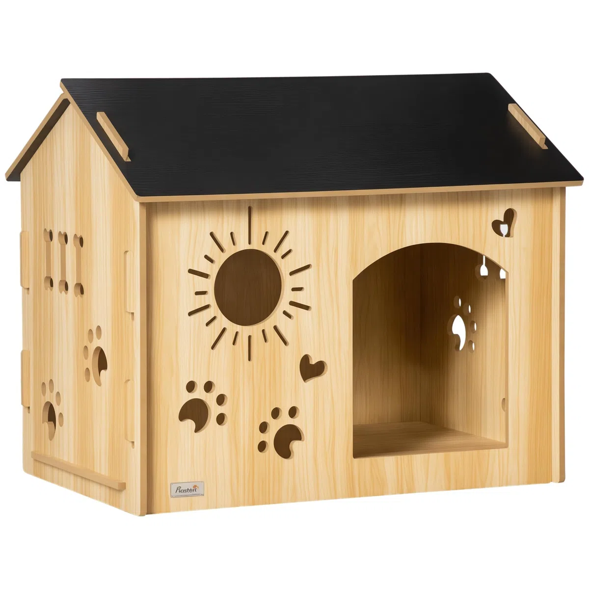 PawHut Caseta de Madera para Perros Pequeños Casa para Mascotas Interior con Puerta Delantera de Forma de Sol Corazón Pata 69x50x58,5 cm Roble