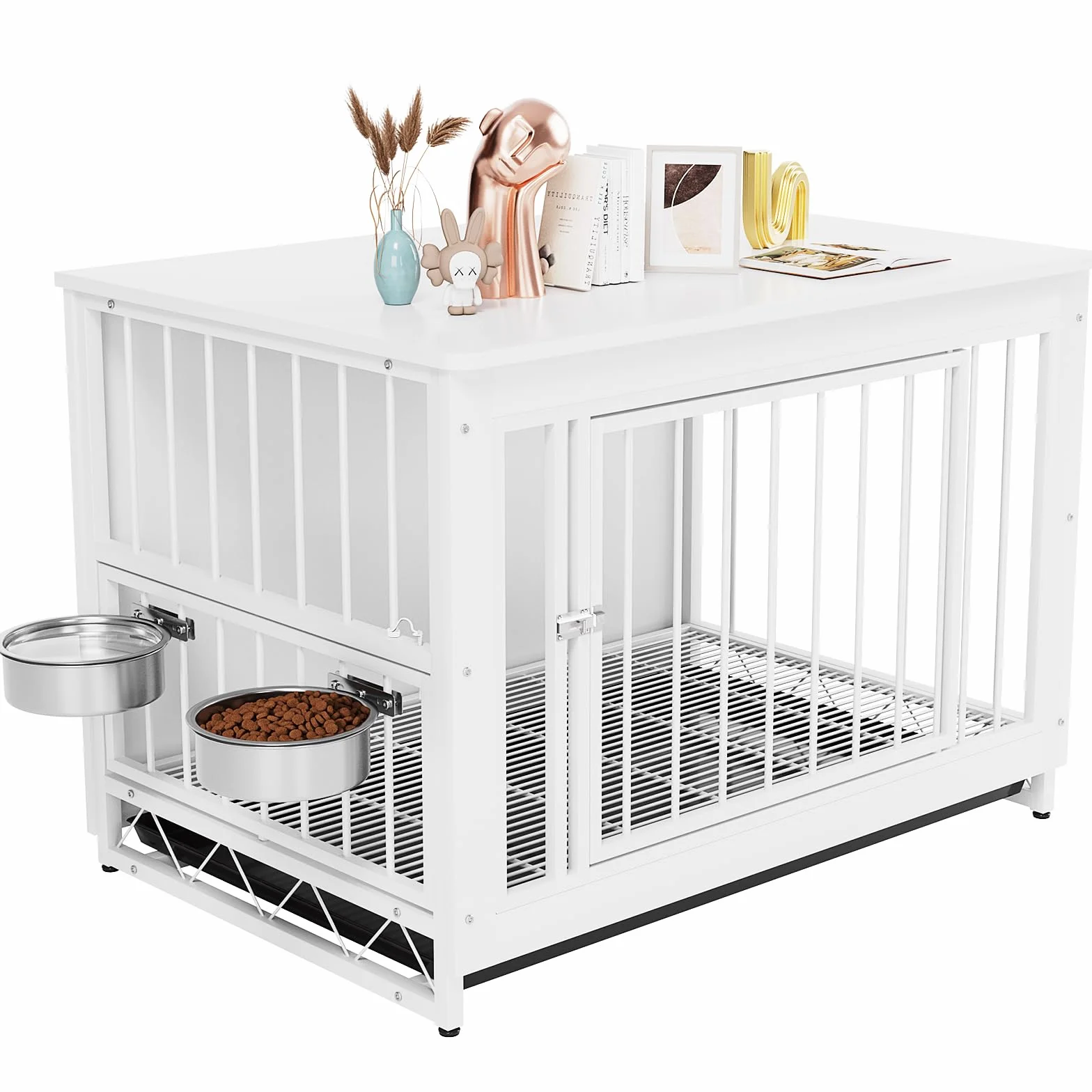 Jaulas para Perros, 93x64x58cm, Jaula Perro Grande para Casa de Madera, Dog Crate con 2 Comederos y Puertas para Perros, con Bandeja Extraíble, Jaula para Perros Medianos Pequeños hasta 40kg,Blanco