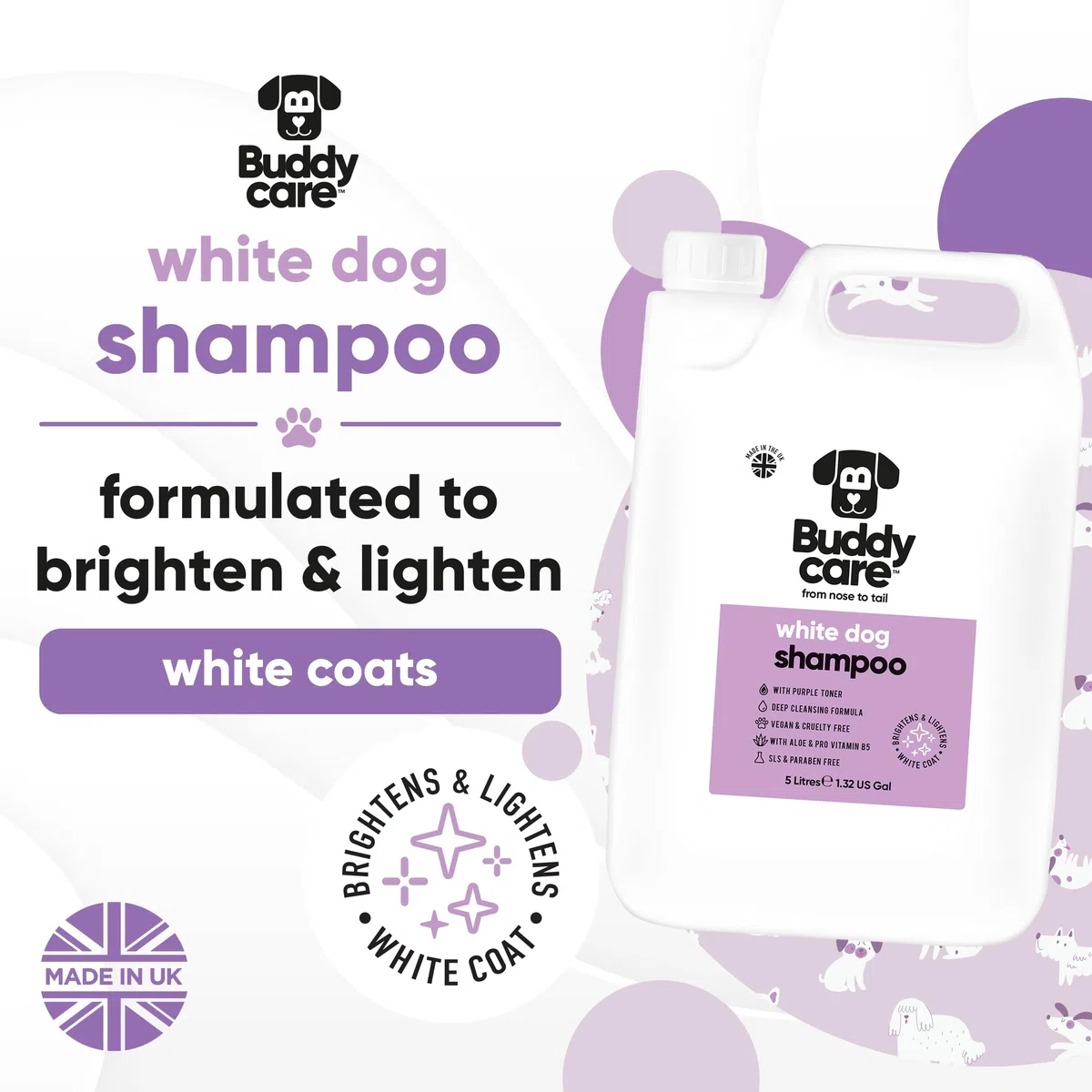 Champú blanco para perros de Buddycare – Champú aclarador y aclarador para perros – Limpieza profunda, aroma fresco – con aloe vera y provitamina B5 (5L)