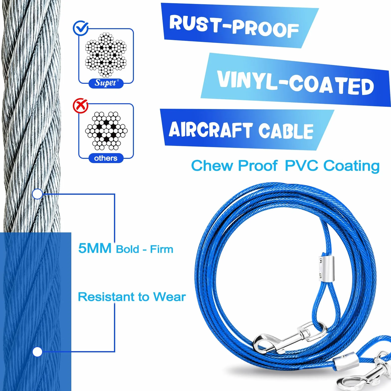 Supet - Set de Cables y estacas de fijación para Perros de Acero Inoxidable para Exteriores y Jardines