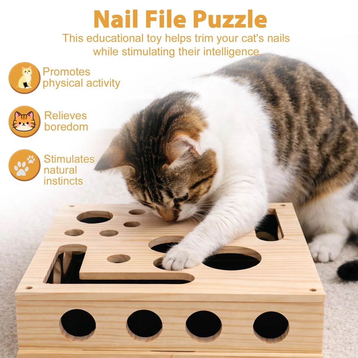 Caja de Enriquecimiento con Rompecabezas Rascar para Gatos con 3 Bolas de Cascabel, Lima Uñas Interactiva Madera para Gatos y Rascador Papel Lija en el Interior Lima Uñas Antiestrés