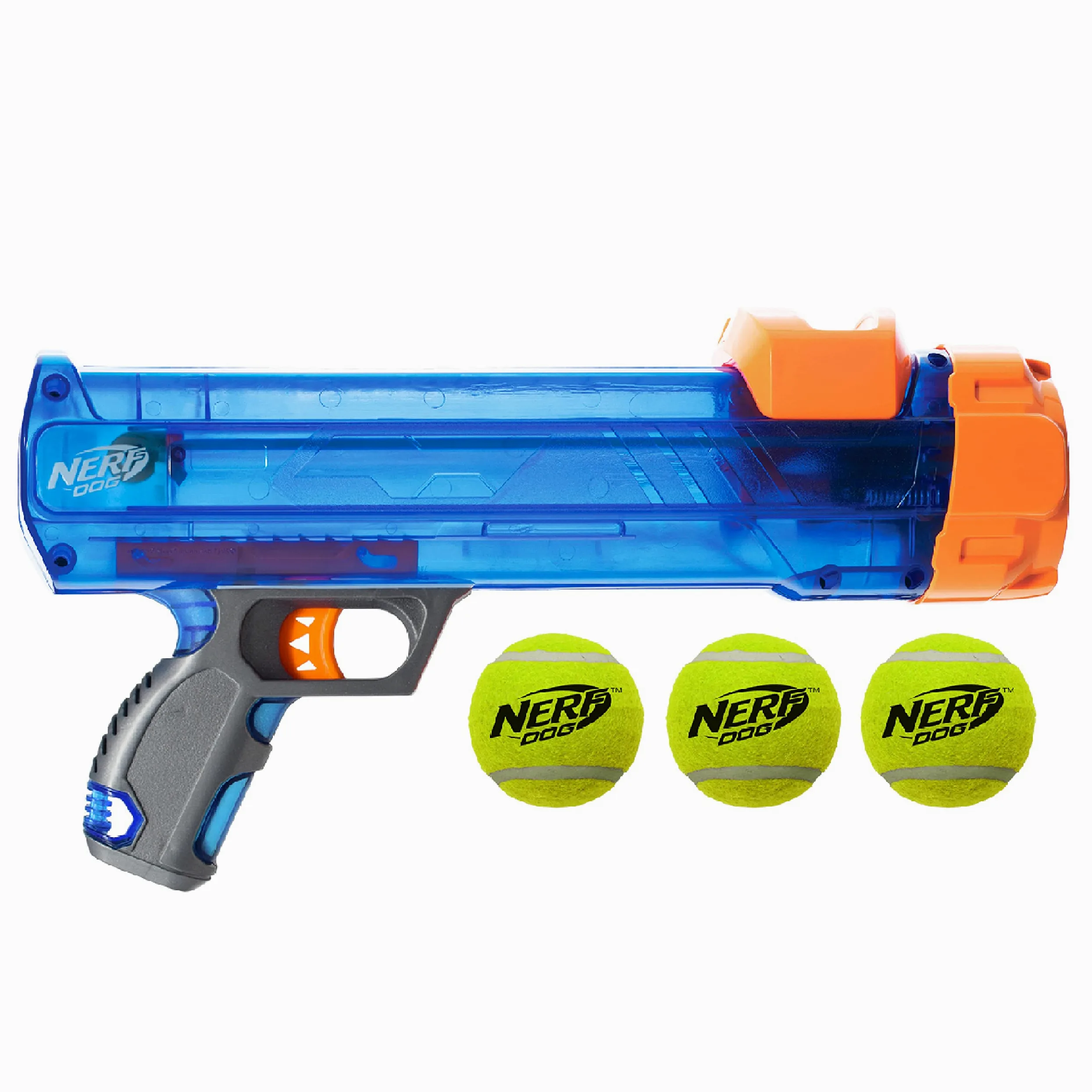 Nerf Dog - Juego de Pelotas de Tenis de tamaño pequeño con 3 Bolas, Ideal para Buscar, Recarga de Manos Libres, Lanza hasta 50 pies, Unidad única, Incluye 3 Bolas Nerf