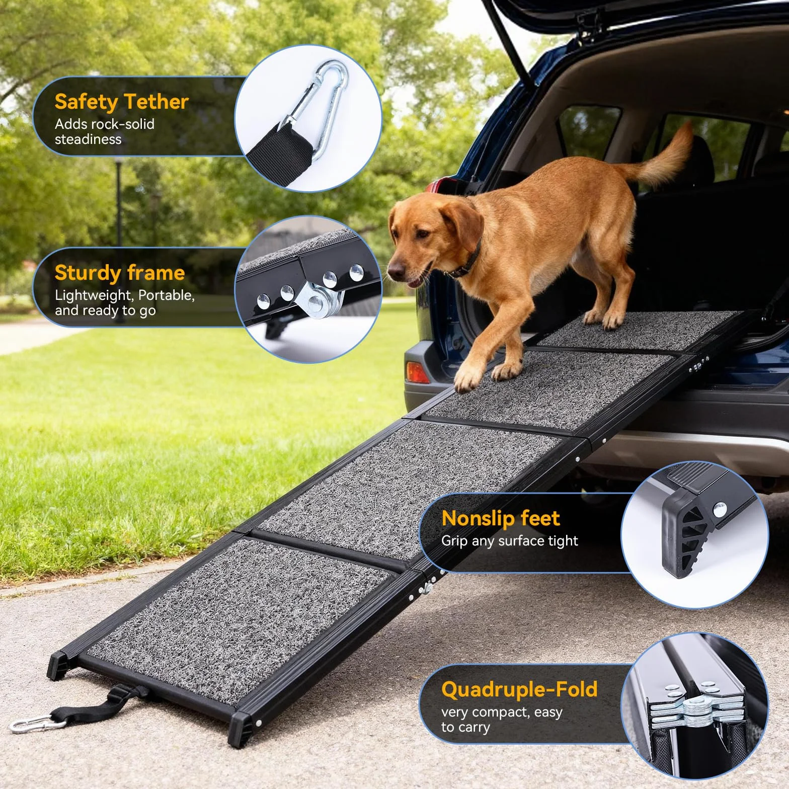 Rampa para Perros, 170x44 cm Coche Plegable,Soporta hasta 70kg Rampa de Aluminio Antideslizante con Superficie de PVC para SUV Camas Altas y Escaleras para Perros Portátil Negro
