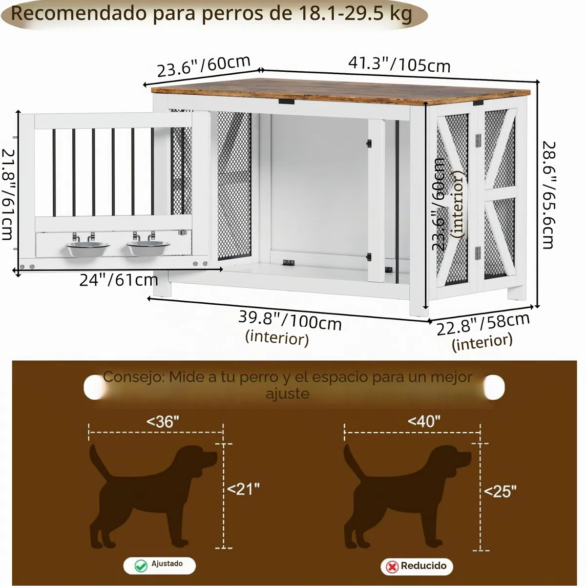 Mueble jaula grande para perros de 41,3", plegable, caseta de madera para perros (15,9-27,2 kg) con 2 cuencos, mesa auxiliar interior estilo granja