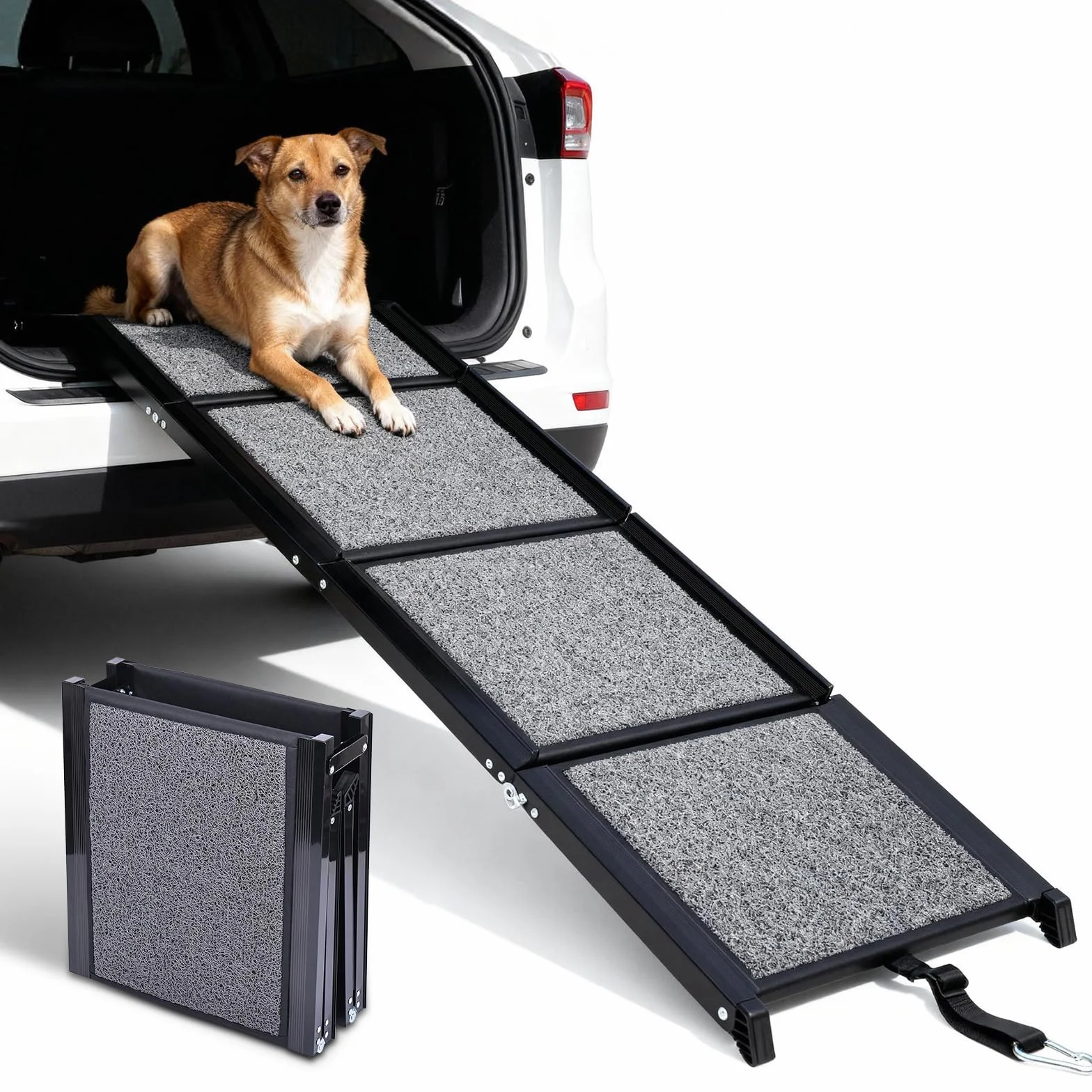 Rampa para Perros, 170x44 cm Coche Plegable,Soporta hasta 70kg Rampa de Aluminio Antideslizante con Superficie de PVC para SUV Camas Altas y Escaleras para Perros Portátil Negro