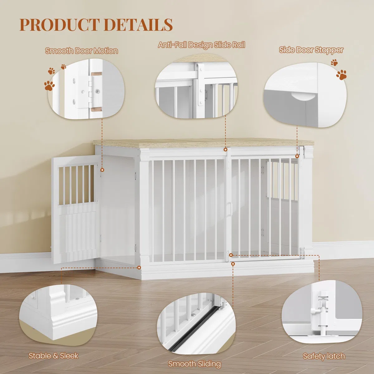 HEXCELEN 101cm Jaula para Perros, Mueble Mascotas Interior, Jaula Perro Grande para Casa de Madera, 3 Puertas, Mesa Auxiliar, Apto para Perros Medianos, 101 x 60,5 x 70 cm, Roble Blanco y Blanco