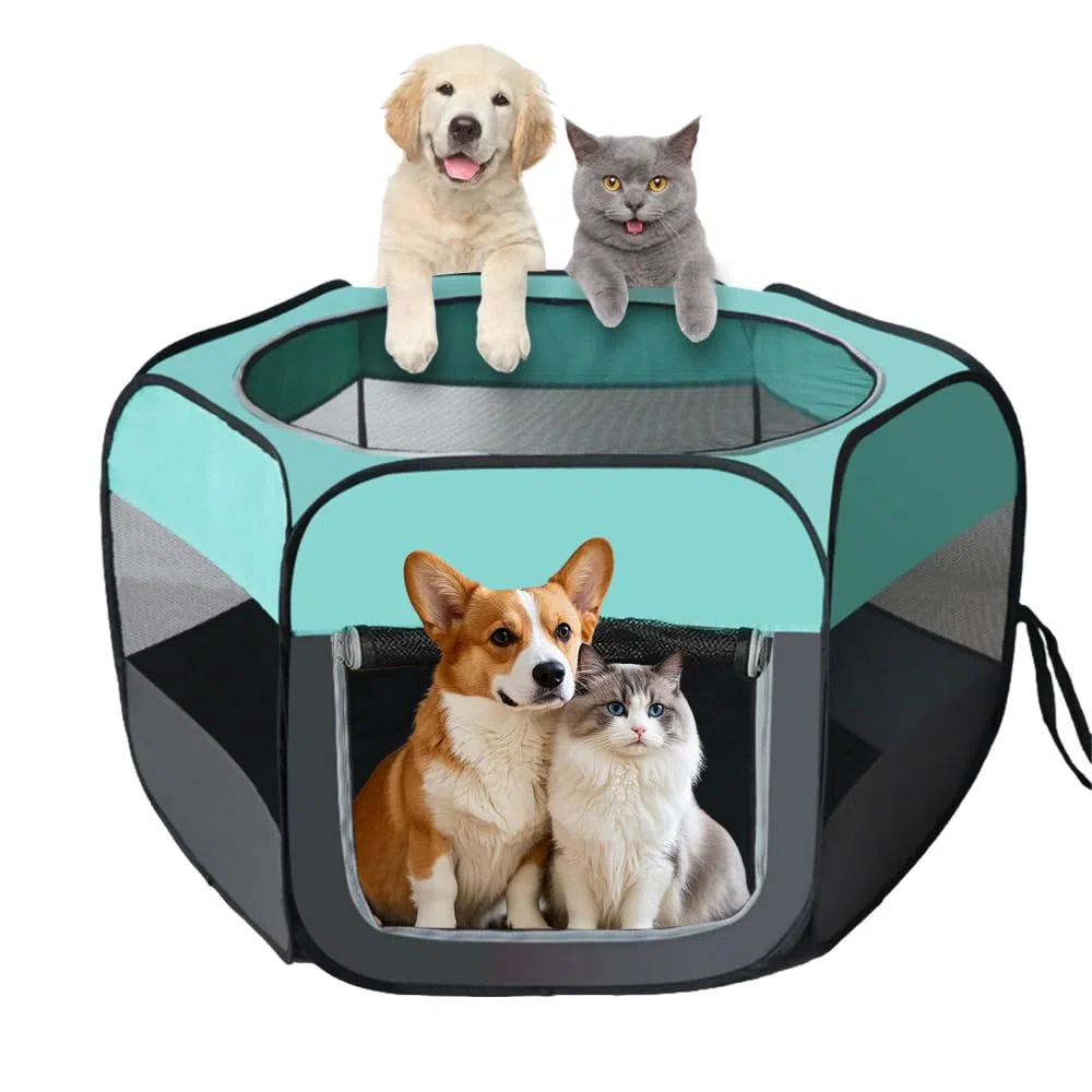 Valla Portátil para Mascotas, 110x110x60 cm Parque Plegable para Mascotas, Parque para Cachorros y Gatos, Productos para Perros Playpen con Cubierta de Red, para Animales Pequeños (Azul Menta)