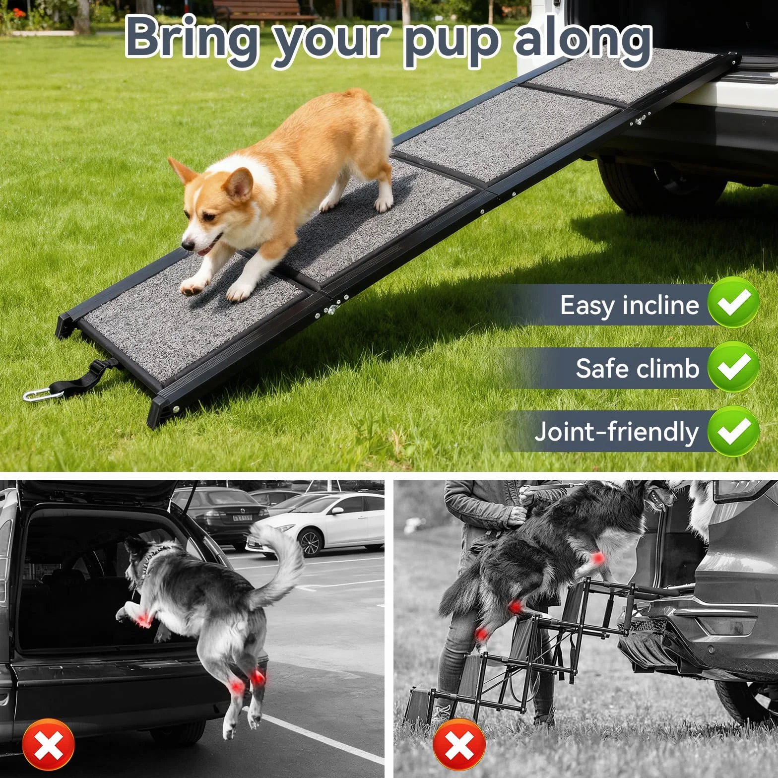Rampa para Perros, 170x44 cm Coche Plegable,Soporta hasta 70kg Rampa de Aluminio Antideslizante con Superficie de PVC para SUV Camas Altas y Escaleras para Perros Portátil Negro