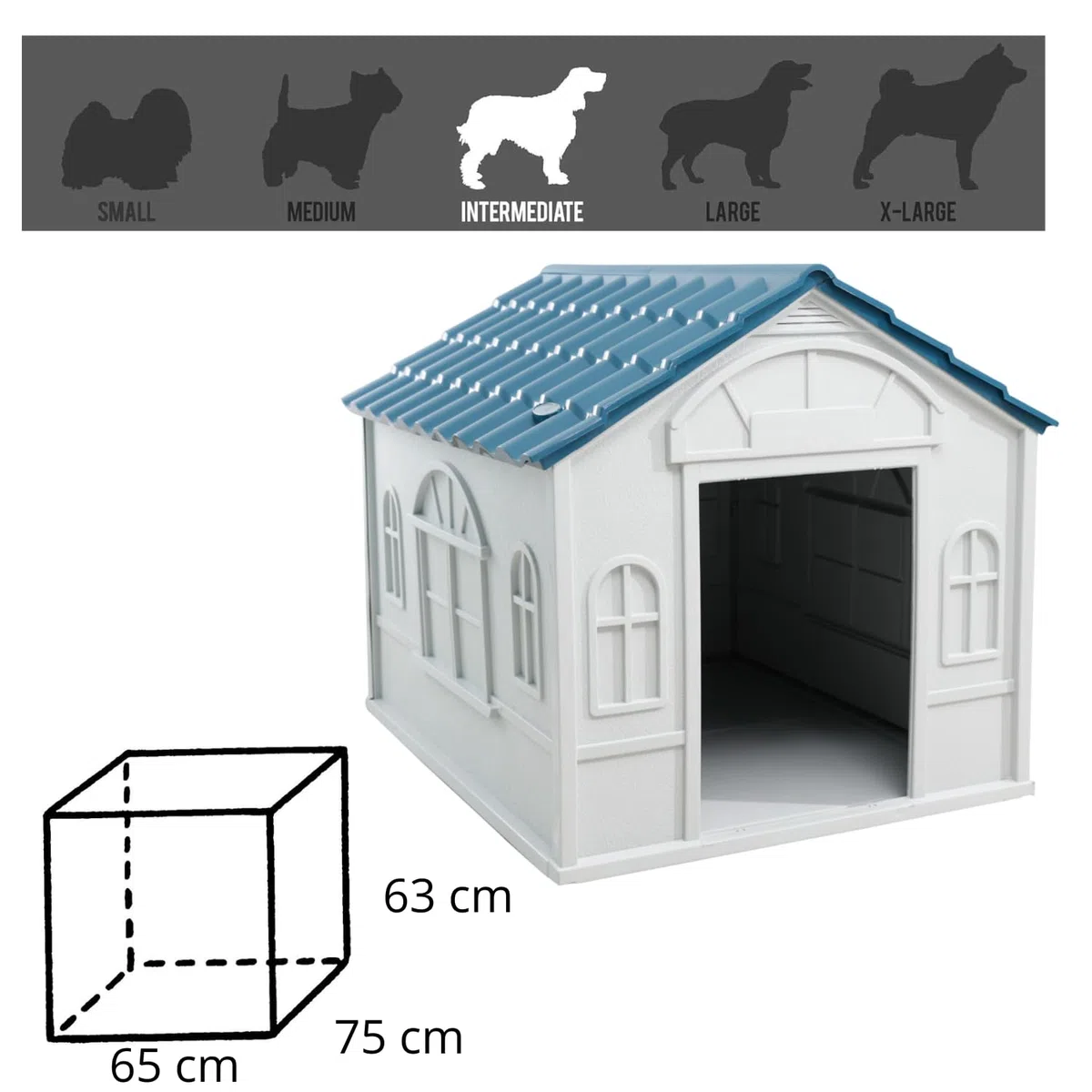 Lanco - Caseta para Perros Pequeños y Medianos. Uso Interior y Exterior con ventilación. Material Resistente. 75x65x63cm. Azul y Blanco.