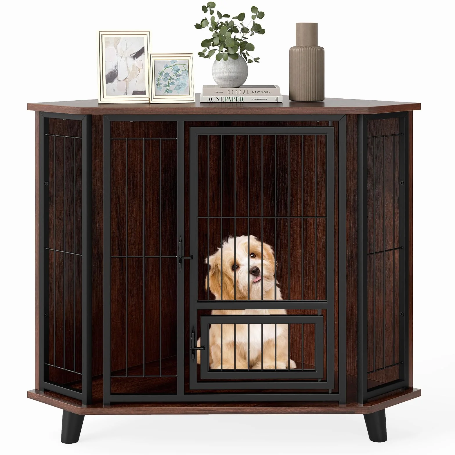 COSTWAY Mueble Esquinero para Perros, Muebles de Jaula Esquinera para Perros, Ahorra Espacio, Marco Metálico, Mesa Auxiliar Interior para Mascotas Pequeños Medianos Grandes, Soporta hasta 30 kg
