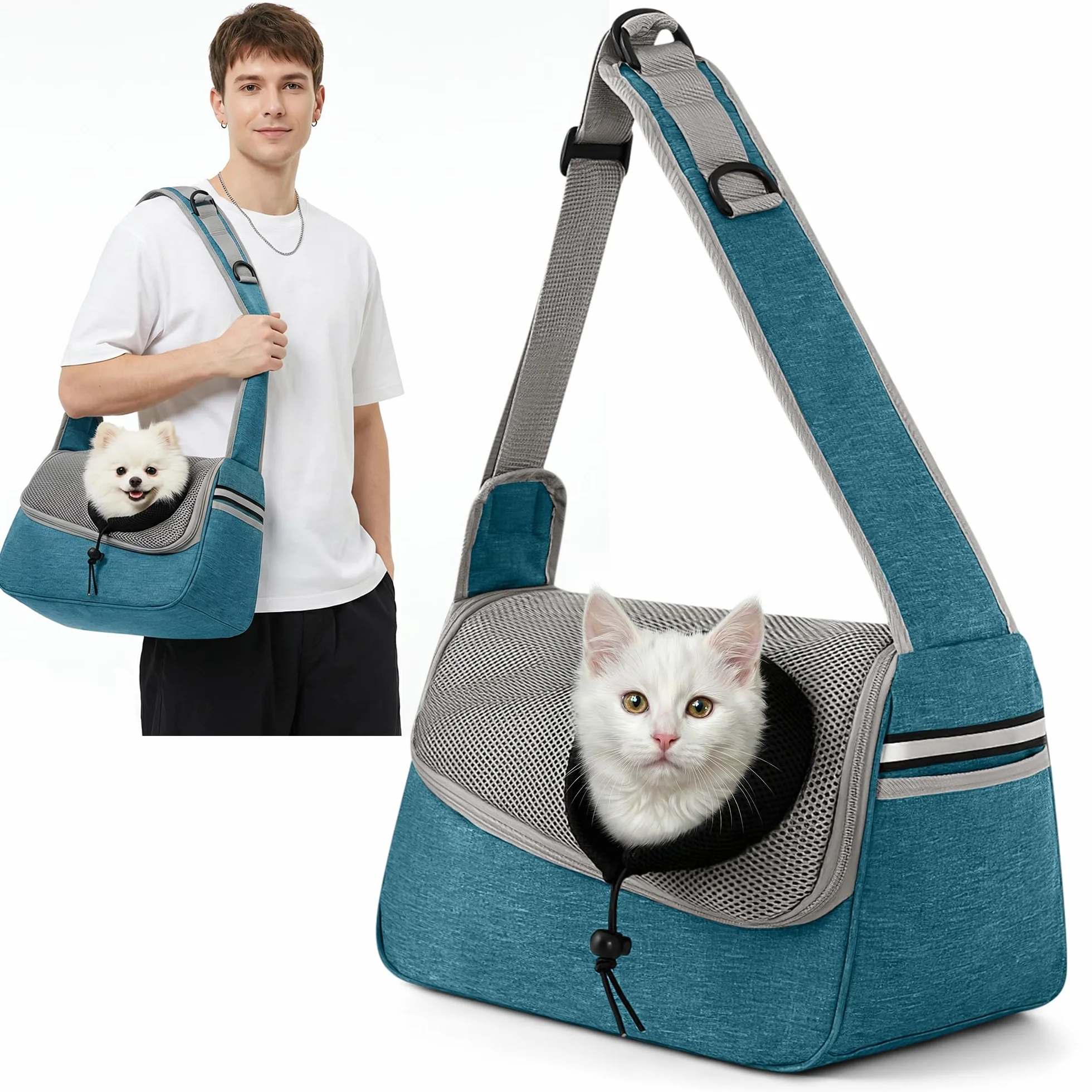 ALLSOPETS Bolsa Bandolera para Perros Pequeños y Gatos – Sling Transpirable para Cachorros con Correa Ajustable y Bolsillo Lateral, Transportín para Gatos de Viaje y Camping (Azul Cielo)