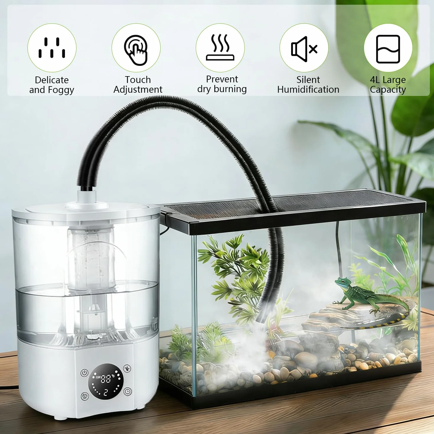 Humidificador para Reptiles, 4 L Gran Tanque Brumizador para Terrarios con Mando a Distancia y 2 m Tubo, Difusor ultra silencioso para Anfibios, Reptiles y Plantas Acuáticas