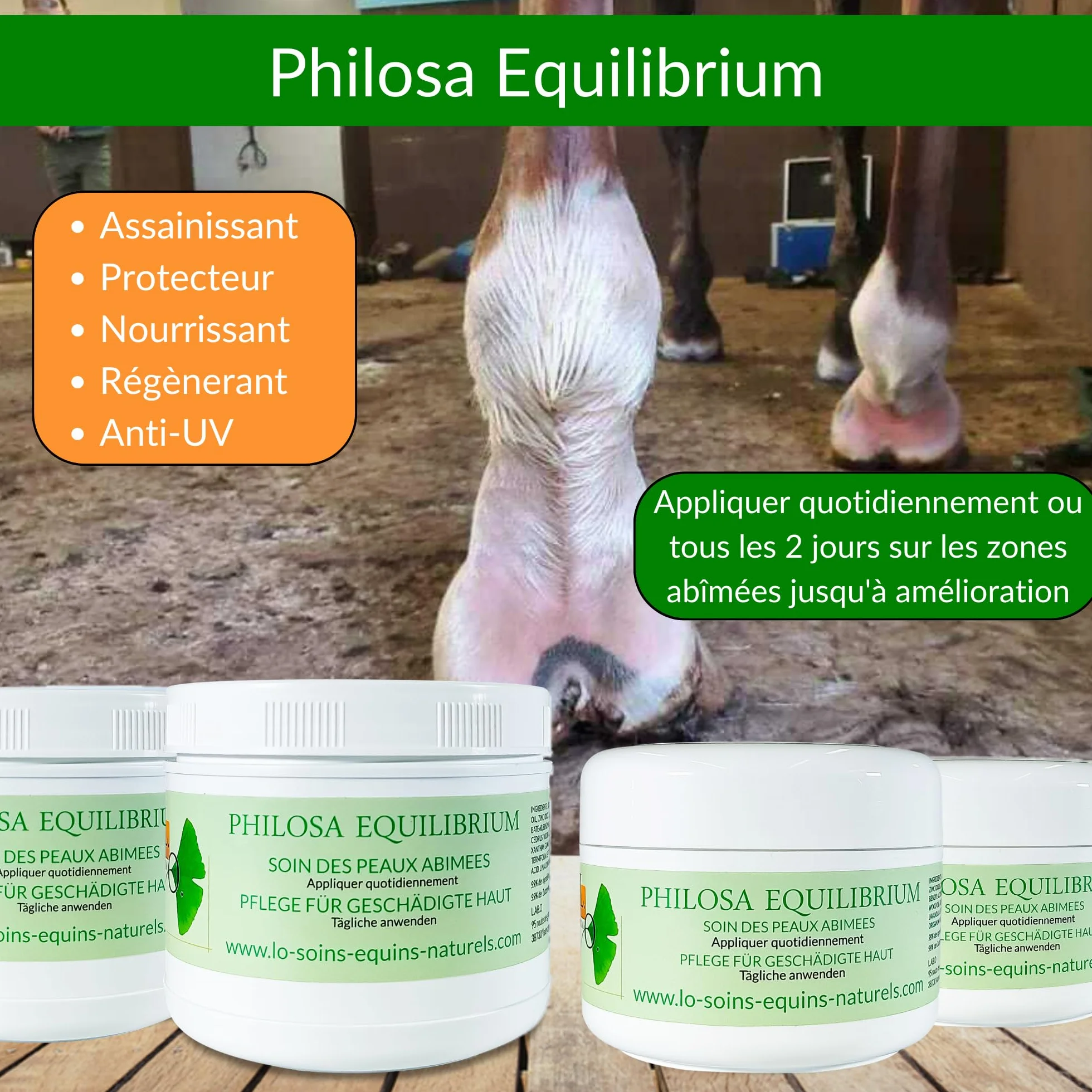 Philosa Equilibrium – Cuidado, bálsamo natural de las pieles dañadas (Gale de Lodo,...) para caballos – A base de plantas, caléndula, árbol de té, lavanda, orégano, aceite de Cade (250 ml)