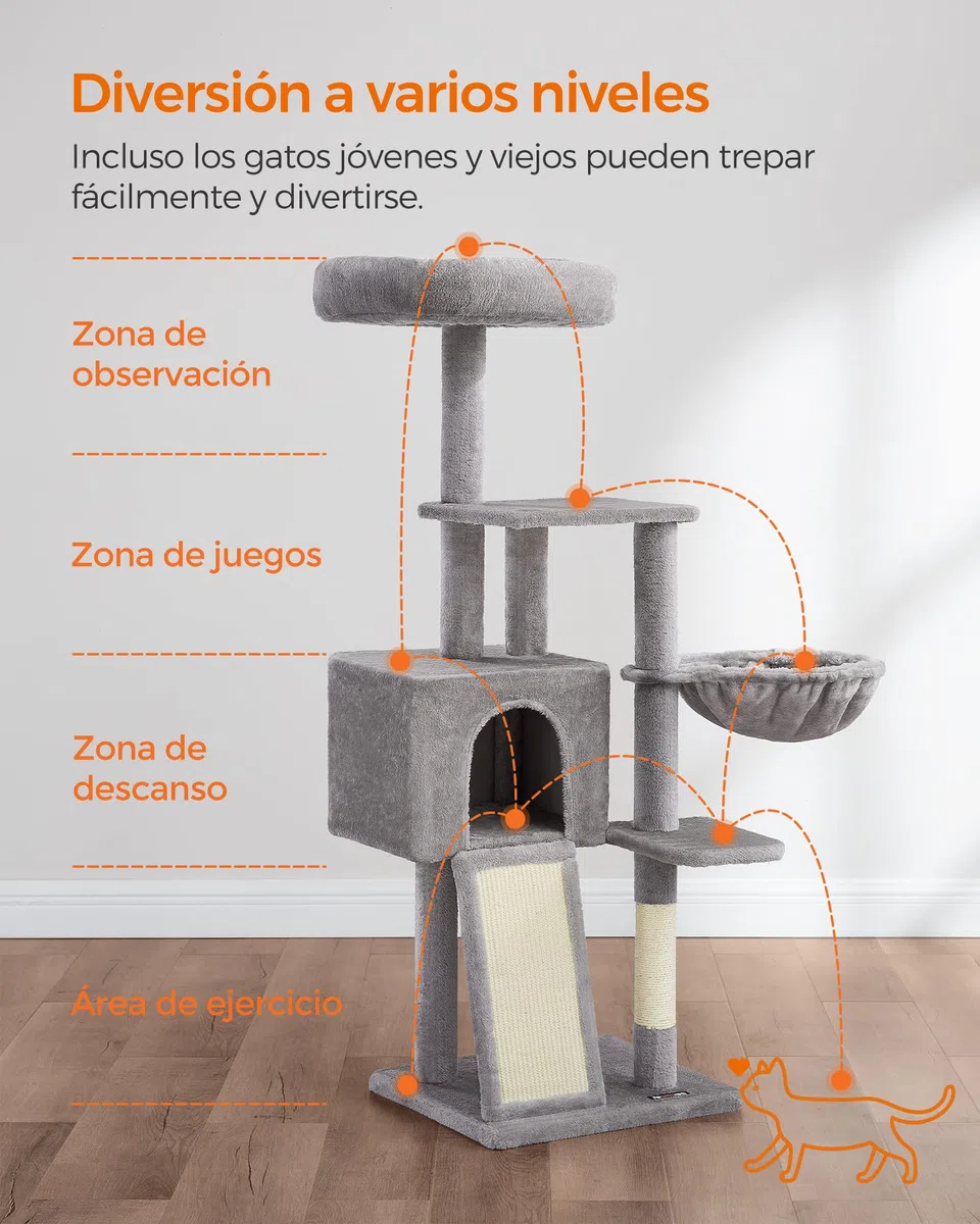 FEANDREA Árbol para Gatos Pequeños, 135 cm, Condominio para Gatos de Felpa de Varios Niveles, con Cubierta de Plataforma Extraíble y Lavable, Rascador, Cesta, Cueva, Gris Claro