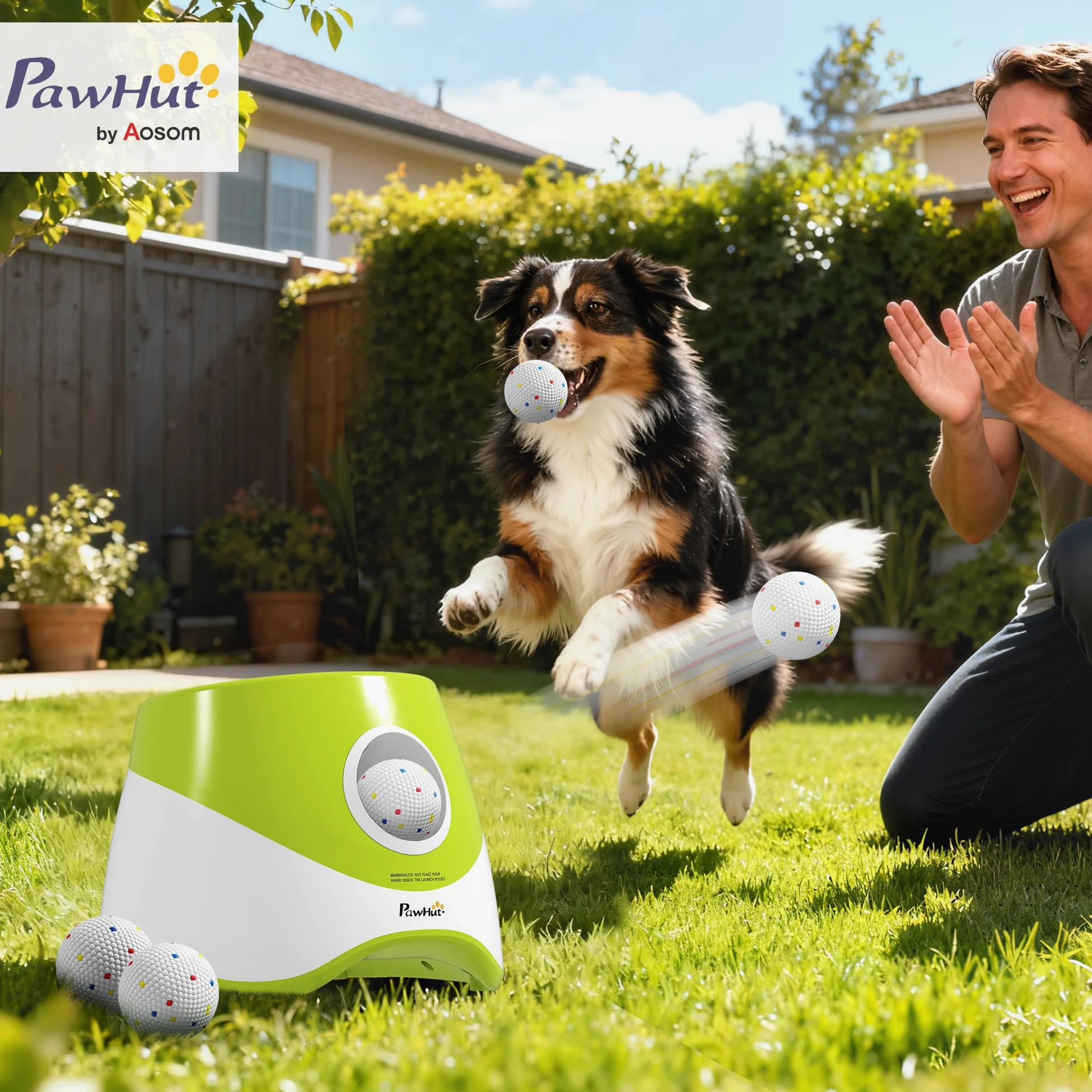 Lanzador automático de Pelotas para Perros PawHut con 5 Pelotas de Tenis ETPU, Lanzador de Pelotas para Perros con 3 ajustes de Distancia (6 m/10 m/14 m), Juguete Interactivo para Interior y Exterior