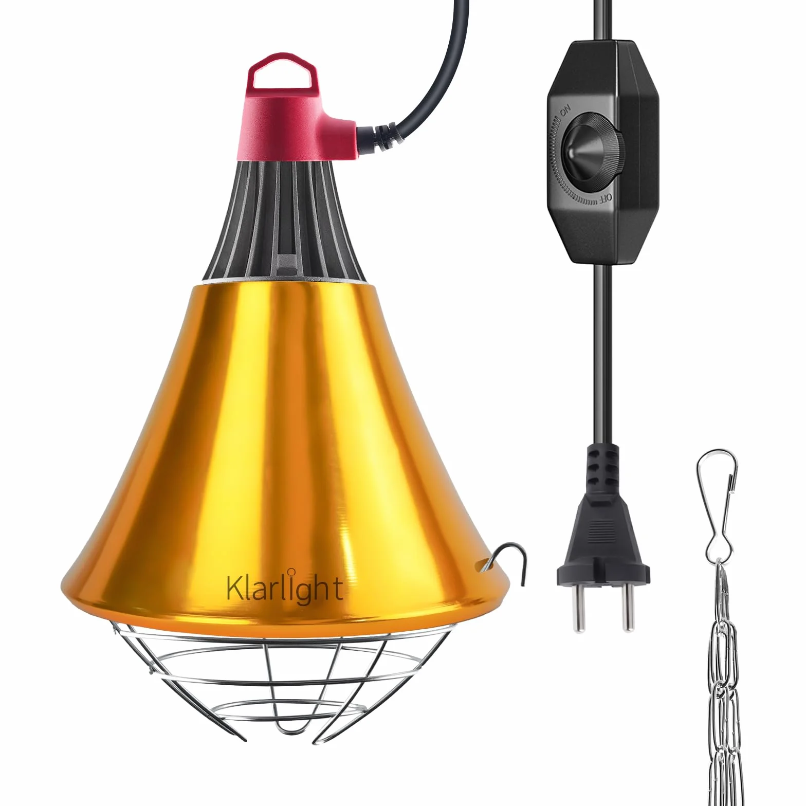 Klarlight Calefactora Infrarrojo Regulable, Reflector con Rejilla Protectora, 2m de Cable, Max. 275W, Calentador para Casas de Cachorros, Pollitos y Cerdos (Sin Bombilla)