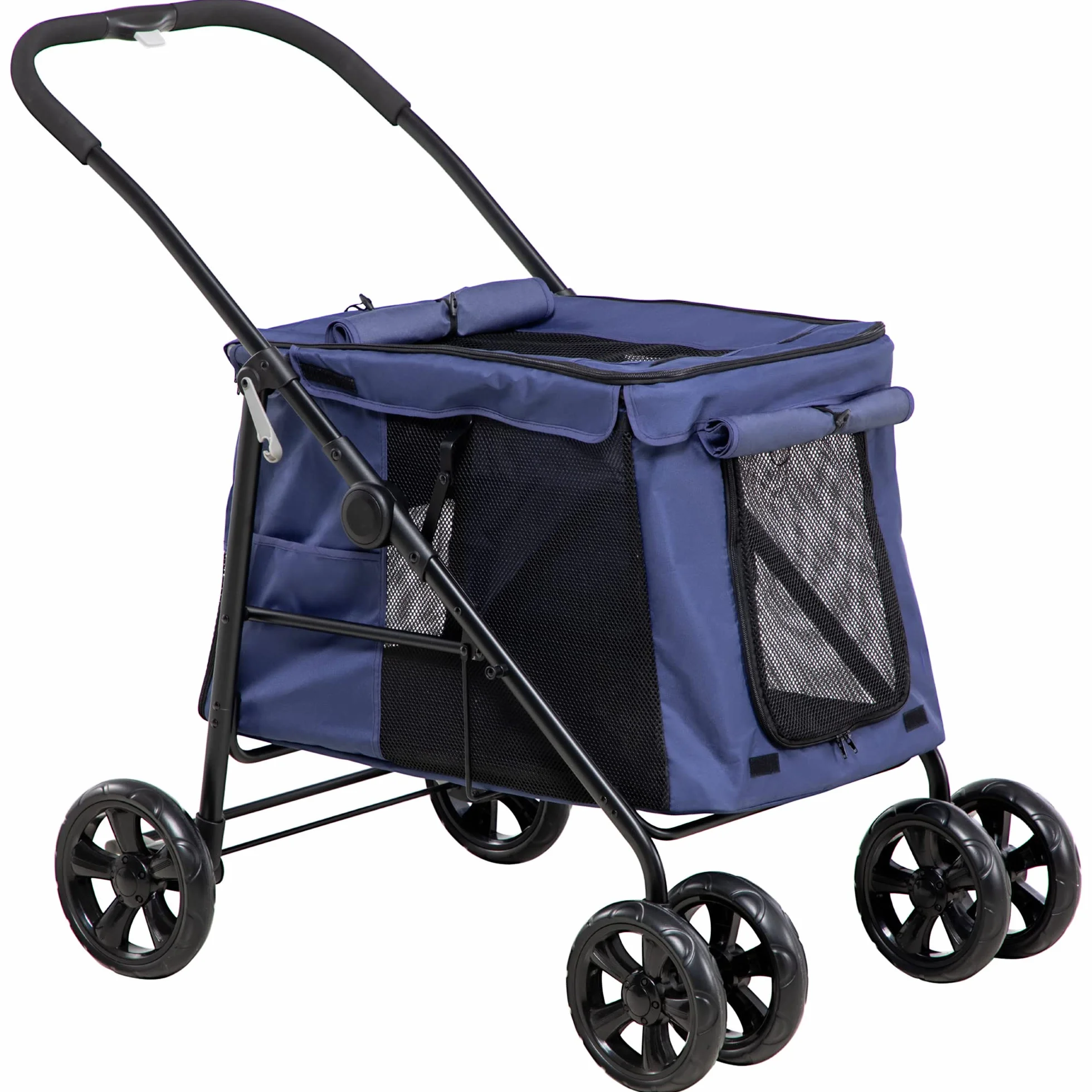 PawHut cochecito plegable para perros con cojín, carrito para gatos hasta 20 kg, para pequeños y medianos con bolsillos laterales, ventana de malla, tela Oxford, azul