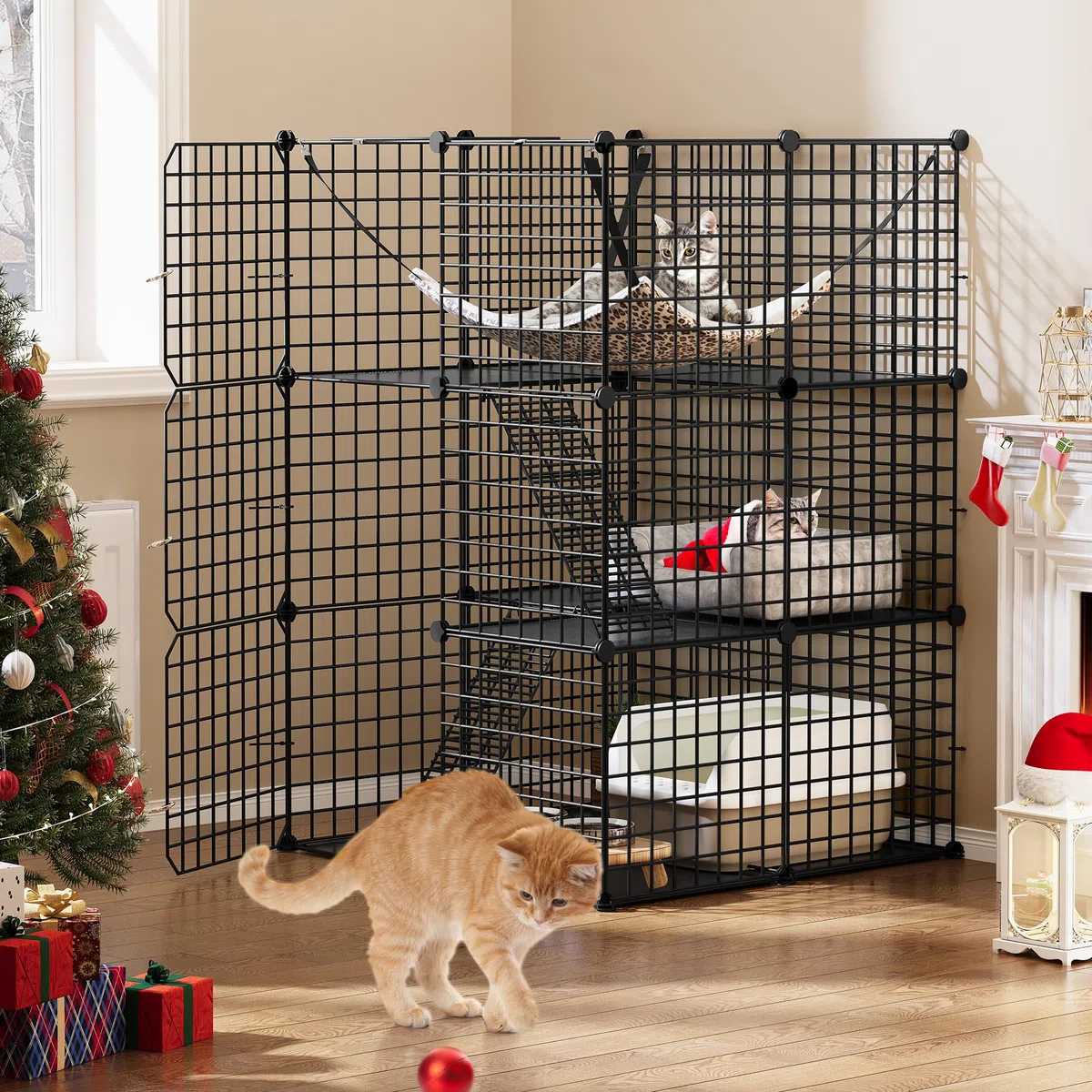 YITAHOME Jaula para Gatos de Interior, 3 Niveles, 3 Puertas, Negro, Jaula para Mascotas con Hamaca Extragrande